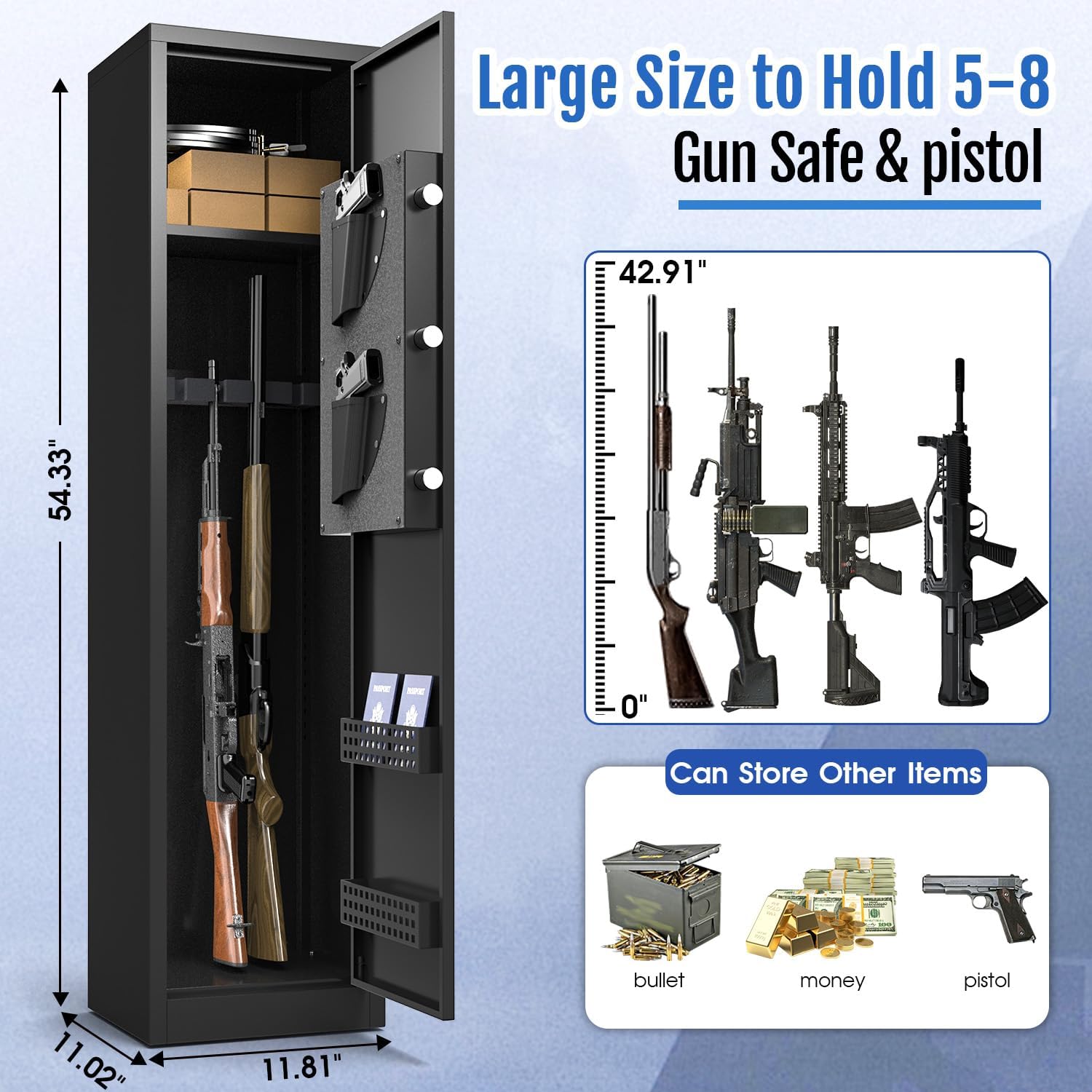 Rifle Safe, 3-5 Digital Gun Safe for Rifle and Pistol with Removable Shelf, Rifle Safes with Alarm System, Mute Mode, Quick Access Shotgun Safe for Home, Assembly Required, 54.33“H