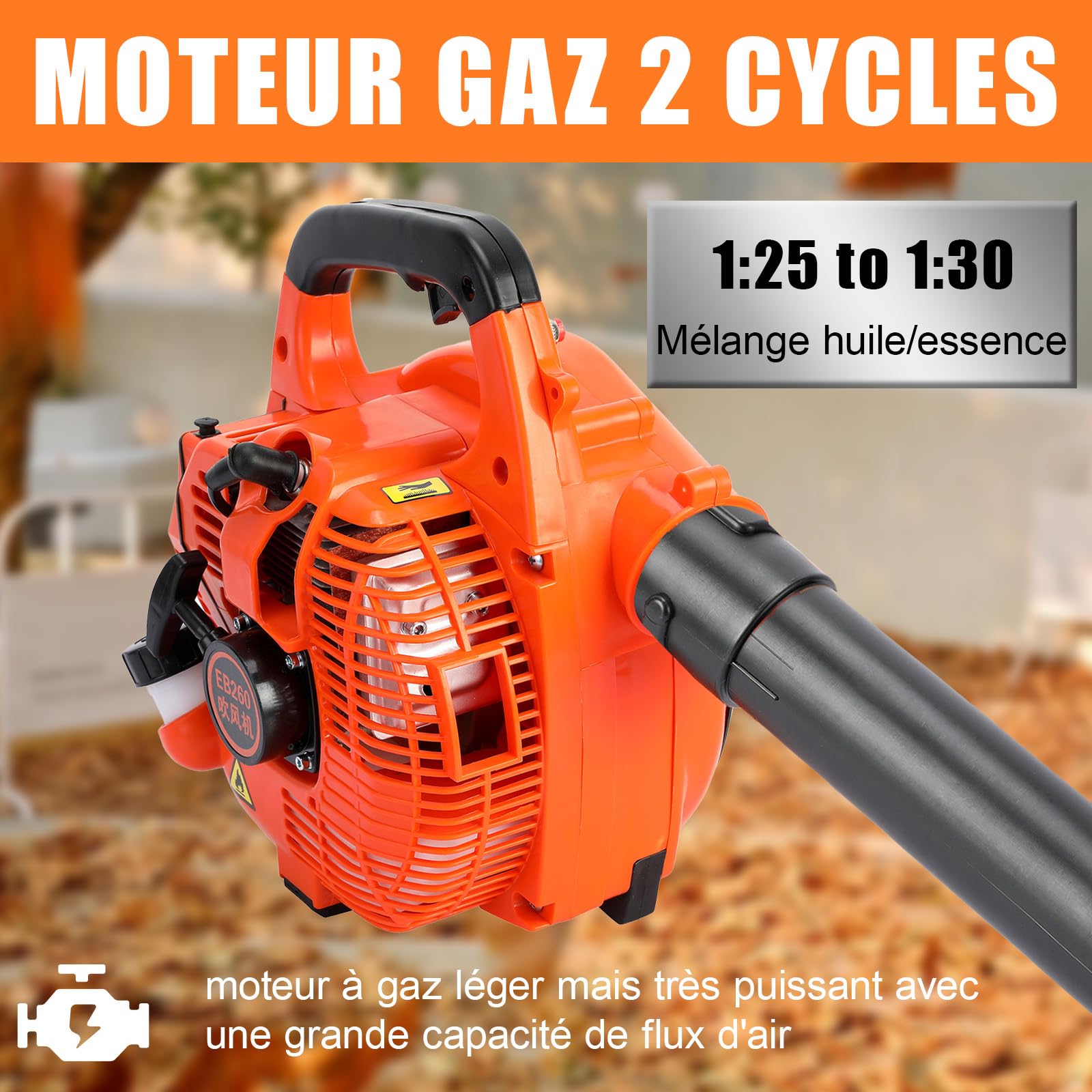 Souffleur Thermique 26cc à Essence 2 Temps | Souffleur de Feuilles Portable sans Fil Débit d’Air 9,8 m³/Min Vitesse 250 km/h | Aspirateur Souffleur Broyeur pour Jardin et Feuilles Mortes