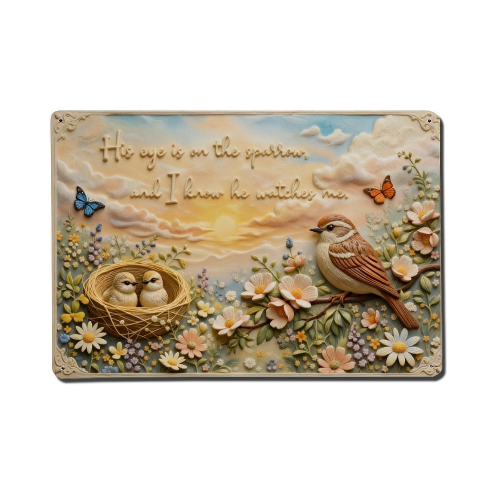 Bird Nest Flowers Sky Butterflies Metal Tin Sign Plaque