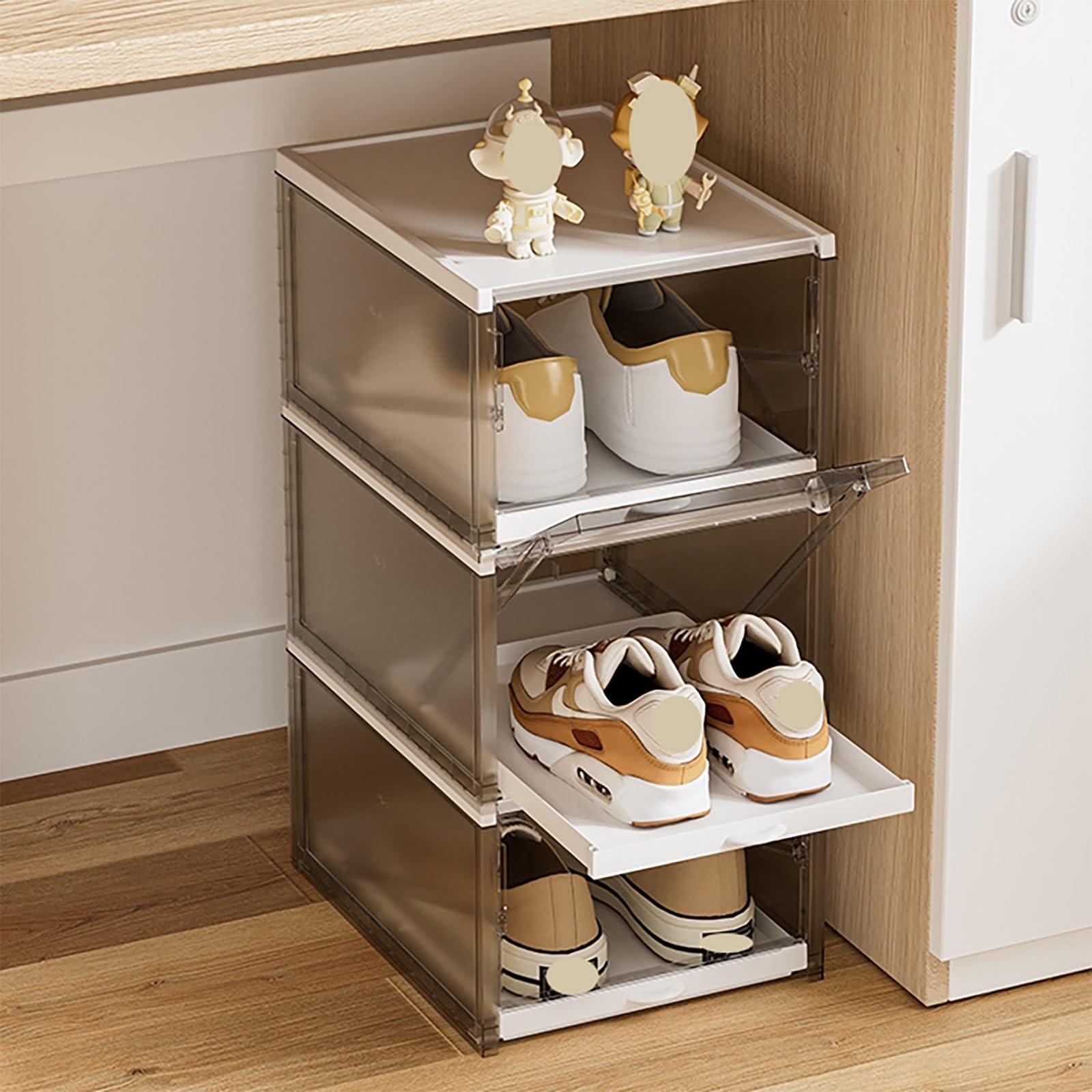 Zapatero modular de 3 niveles con cubierta transparente apilable para armario, entrada y sala de estar, diseño vertical de polipropileno para un fácil acceso