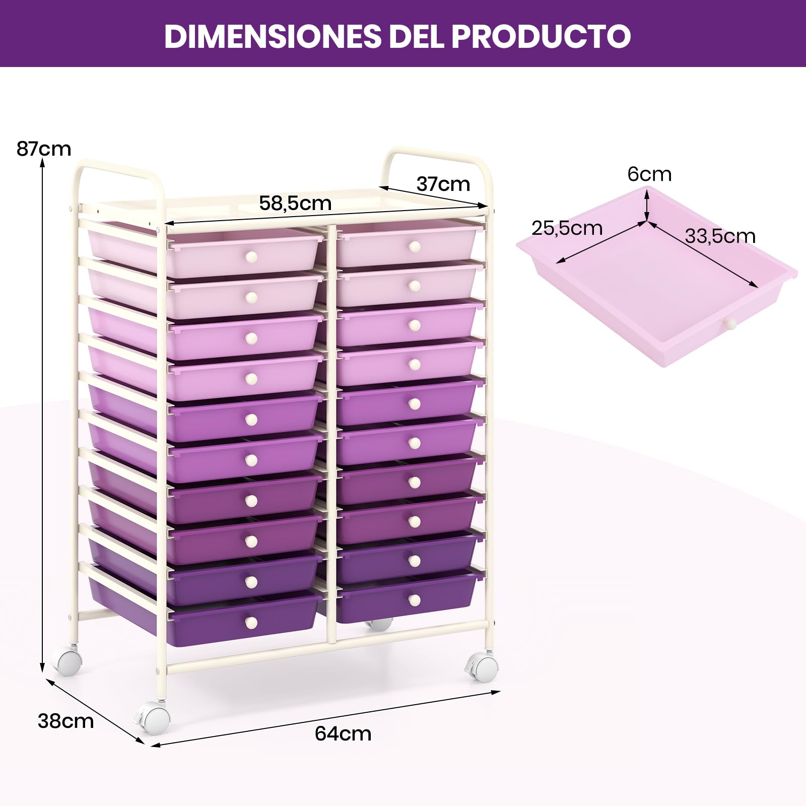 GOPLUS Carrito Auxiliar con 4 Ruedas, Carro de Servicios con 20 Cajones, 2 Ruedas con Frenos, Carro de Almacenamiento de Estructura Metálica para Cocina Oficina Baño (Violeta)