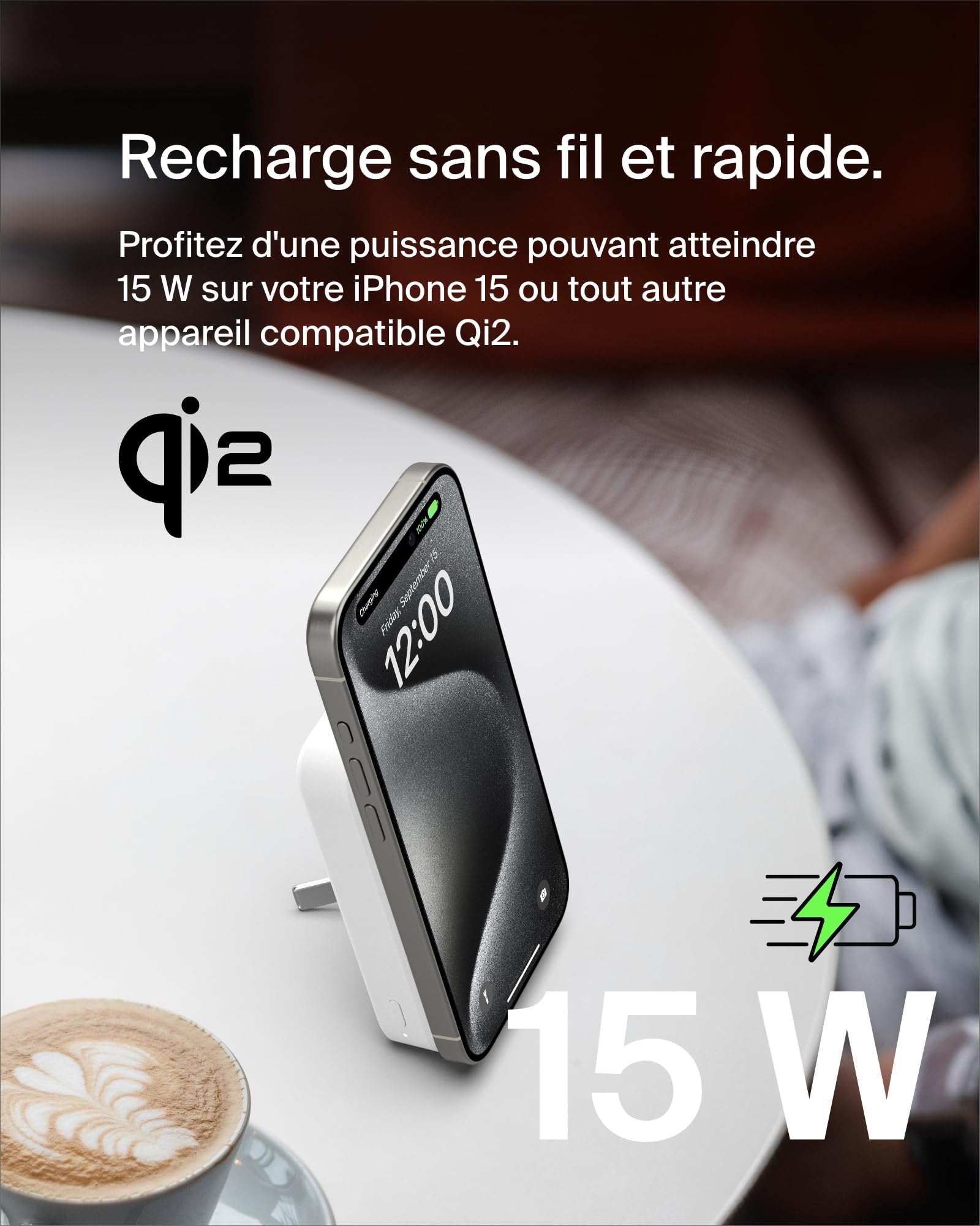 Belkin BoostCharge Pro Batterie Externe sans Fil 10 000 mAh avec Qi2 (Chargeur Portable Compatible MagSafe, Support intégré, pour iPhone 16, 16 Plus, 16 Pro, 16 Pro Max, iPhone 15, etc., Blanche)