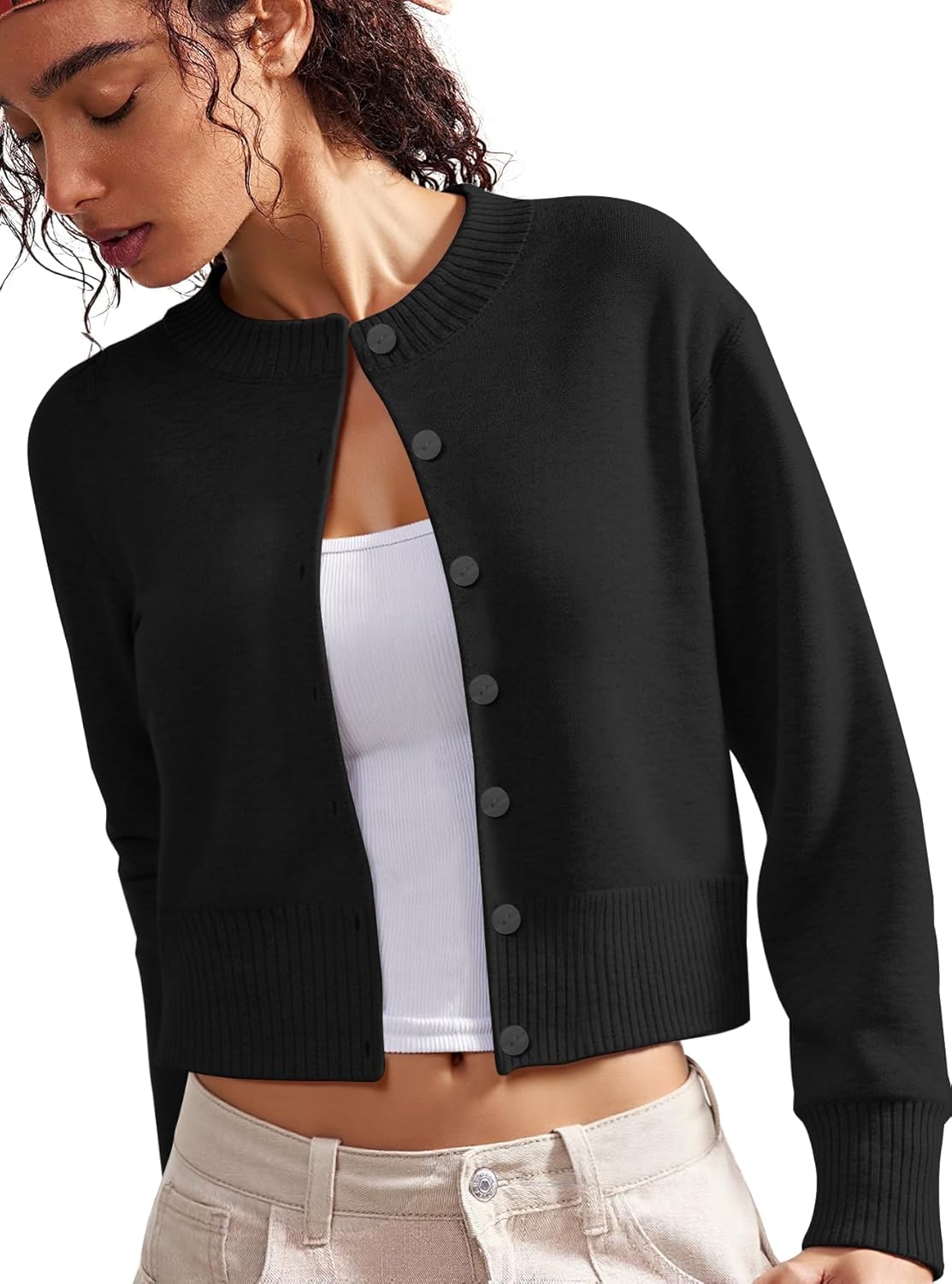 Women's Cropped Knit Cardigan Sweater – Button Down Long Sleeve Slim Fit Gray Fall Layering Top - Image 3