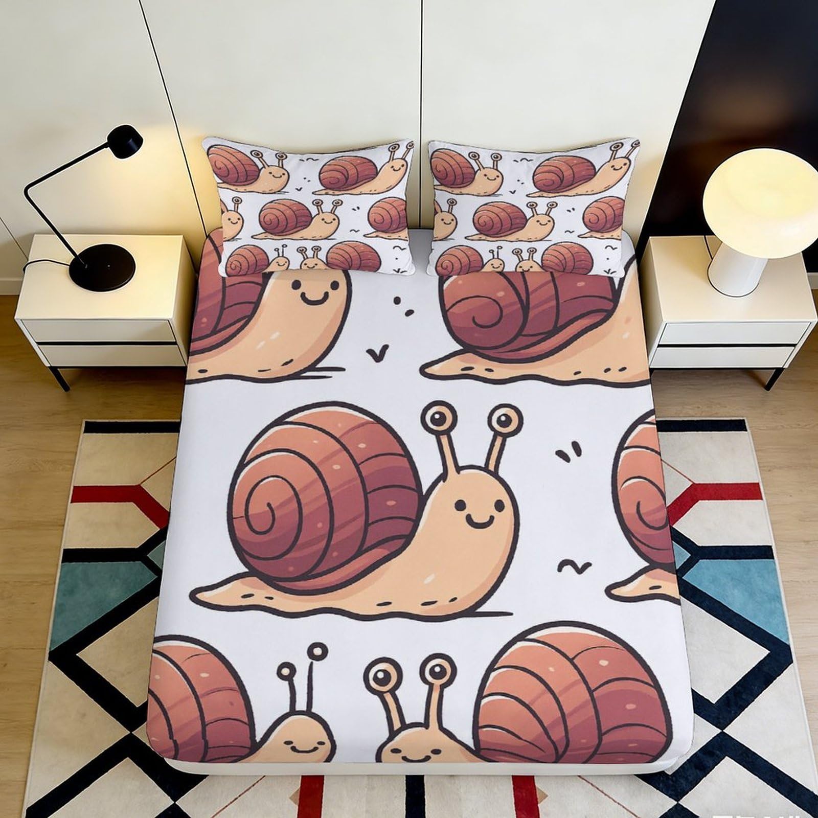 3D Printed Cartoon Snail Fitted Sheet Microfiber Soft Anti-Slip Animal Bed Cover for Bedroom Guest Room Decor Easy Care 90x200x25cm