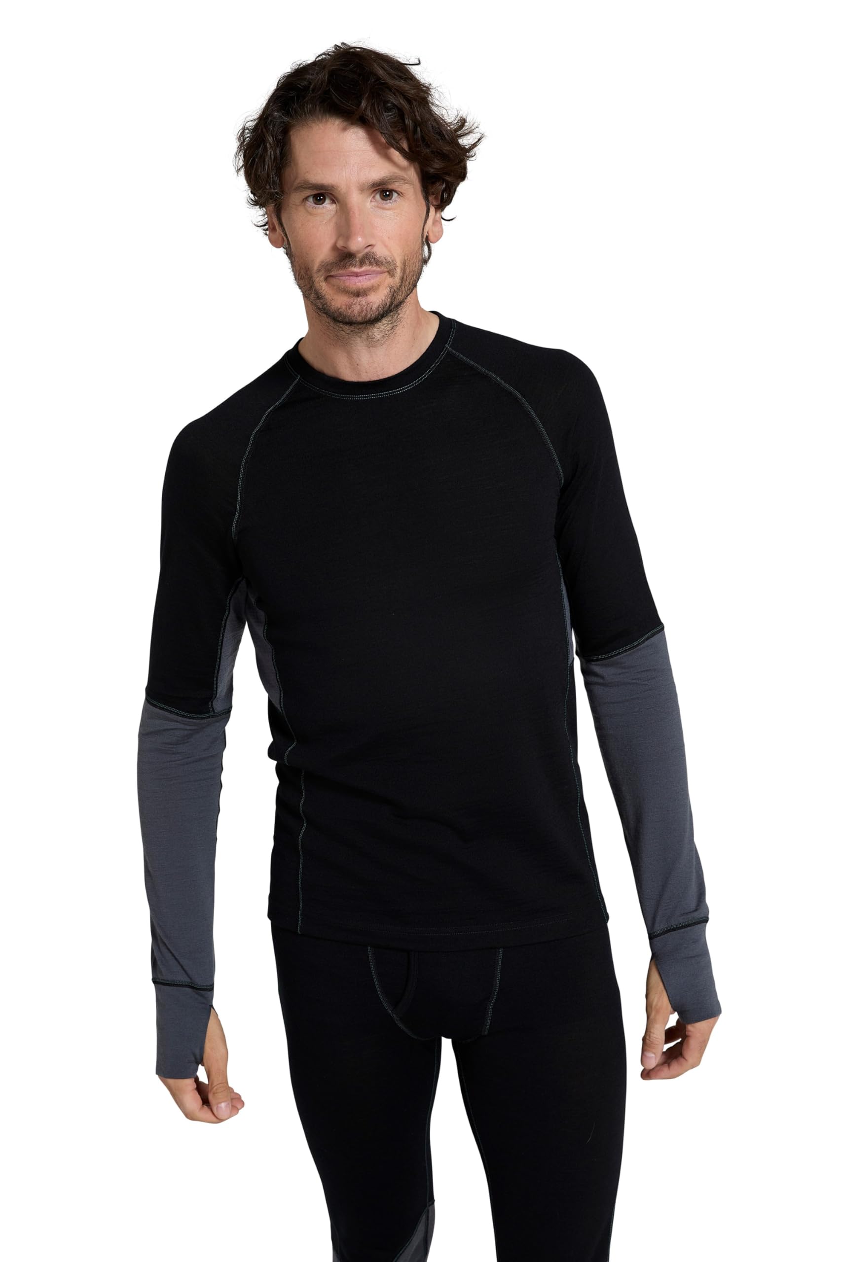 Mountain Warehouse Ultra Mens Merino Round Neck Thermal Top - Quick Wicking, Quick Drying, Antibacterial - Best for Winter Camping, Outdoors, Travelling & Hiking Black L