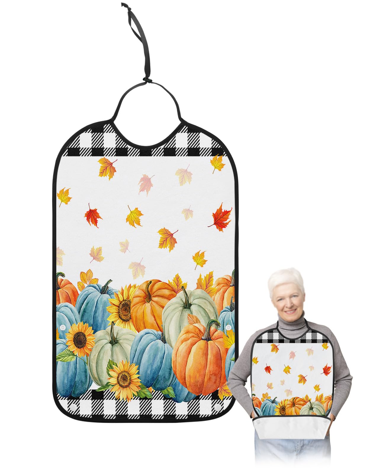 LEOKOTI Orange Blue Teal Pumpkins Fall Adult Bibs for Eating, Waterproof Bibs with Food Catcher & Snap Closure, Black Plaid Maple Leaf Thanksgiving Washable Clothing Protectors Adult Bibs for Elderly