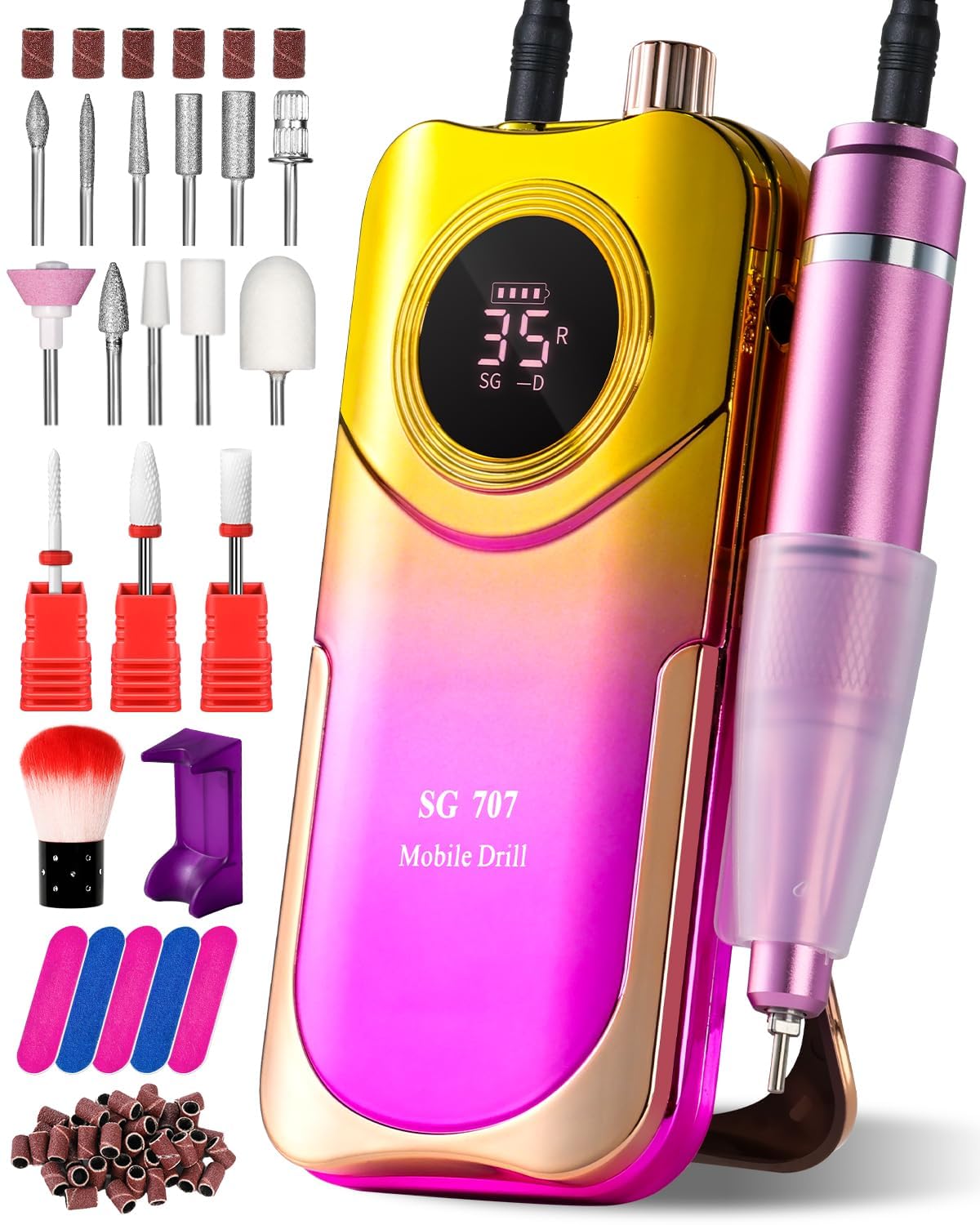 Kit de taladro de uñas profesional de 35000 RPM con clip, portátil, inalámbrico, recargable, velocidad ajustable con pantalla LCD y 14 puntas para manicura de gel acrílico, pedicura, adecuado para