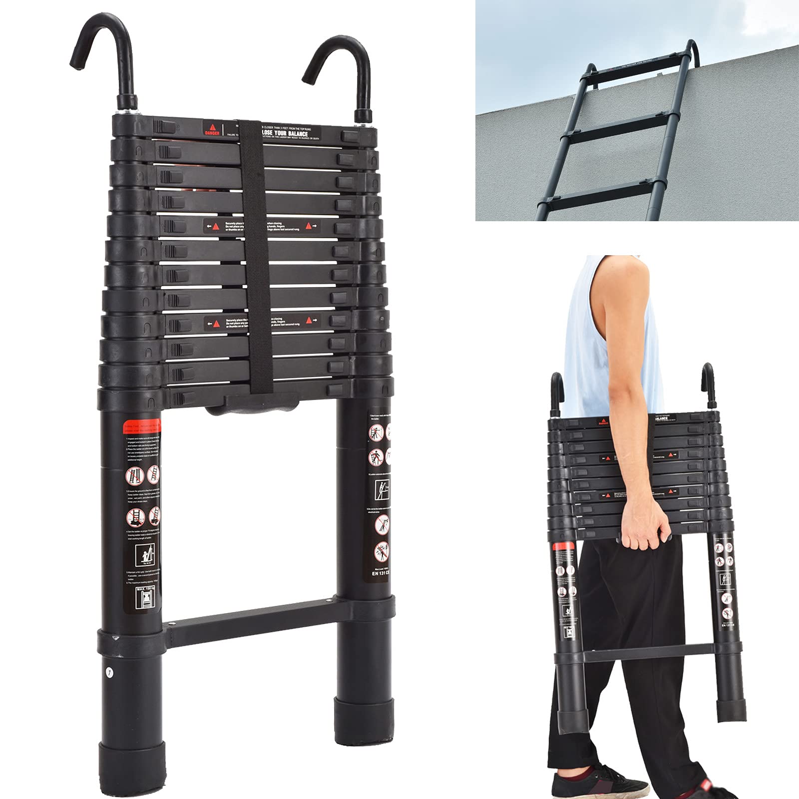 Teleskopleiter mit abnehmbarem Haken, Aluminiumleiter, robust, ausziehbar, Mehrzweckleiter, 150 kg Kapazität, EN131, Sicherheitsgeprüft