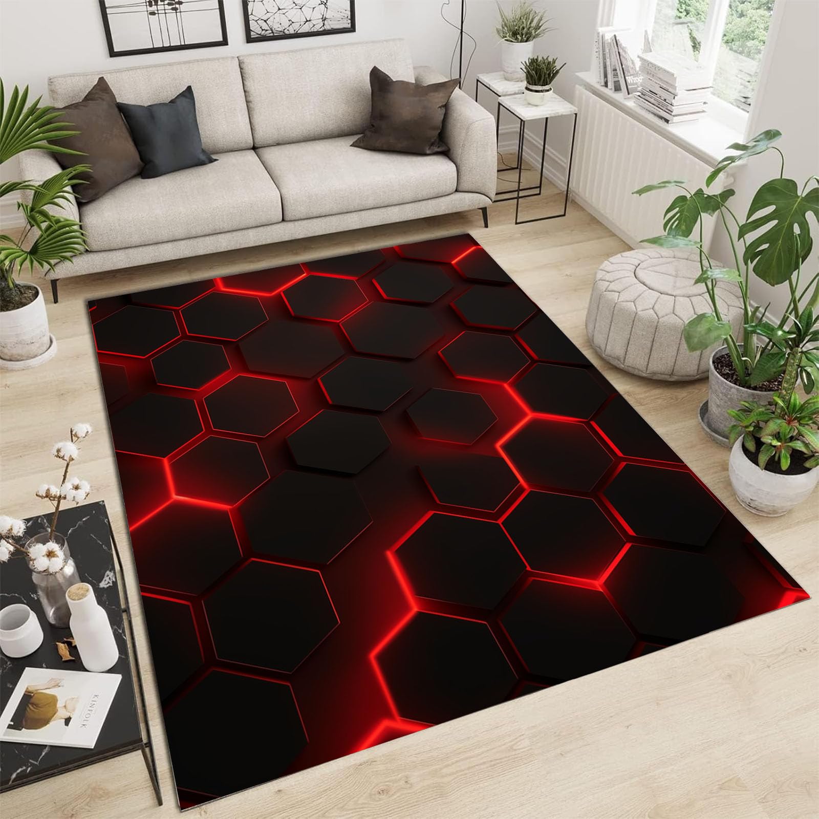 Tapis géométrique lavable grand format rouge pour chambre et salon propre