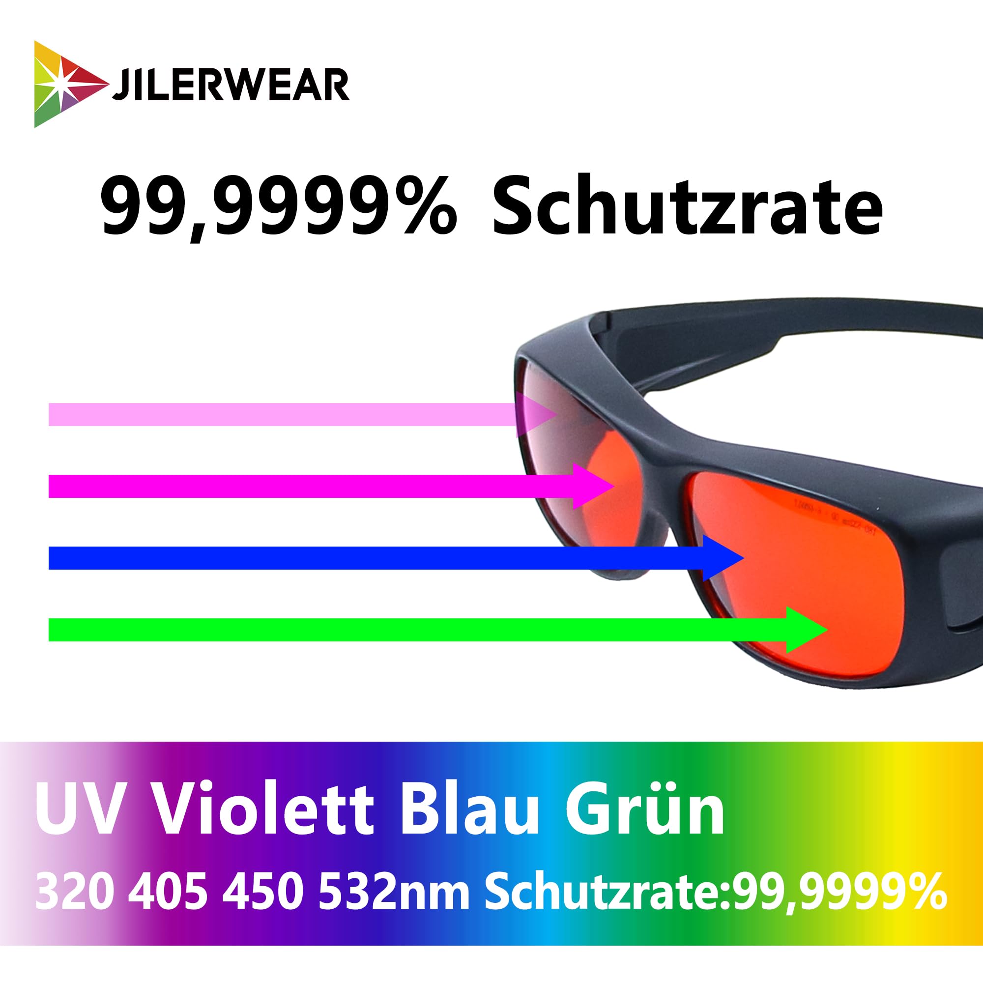 JILERWEAR Laserowe okulary ochronne 532 nm OD 6+ profesjonalne 180 nm - 532 nm, długość fali, fioletowe/niebieskie/zielone, okulary ochronne do 405 nm, 445 nm, 450 nm, 473 nm 532 nm Laser Fit