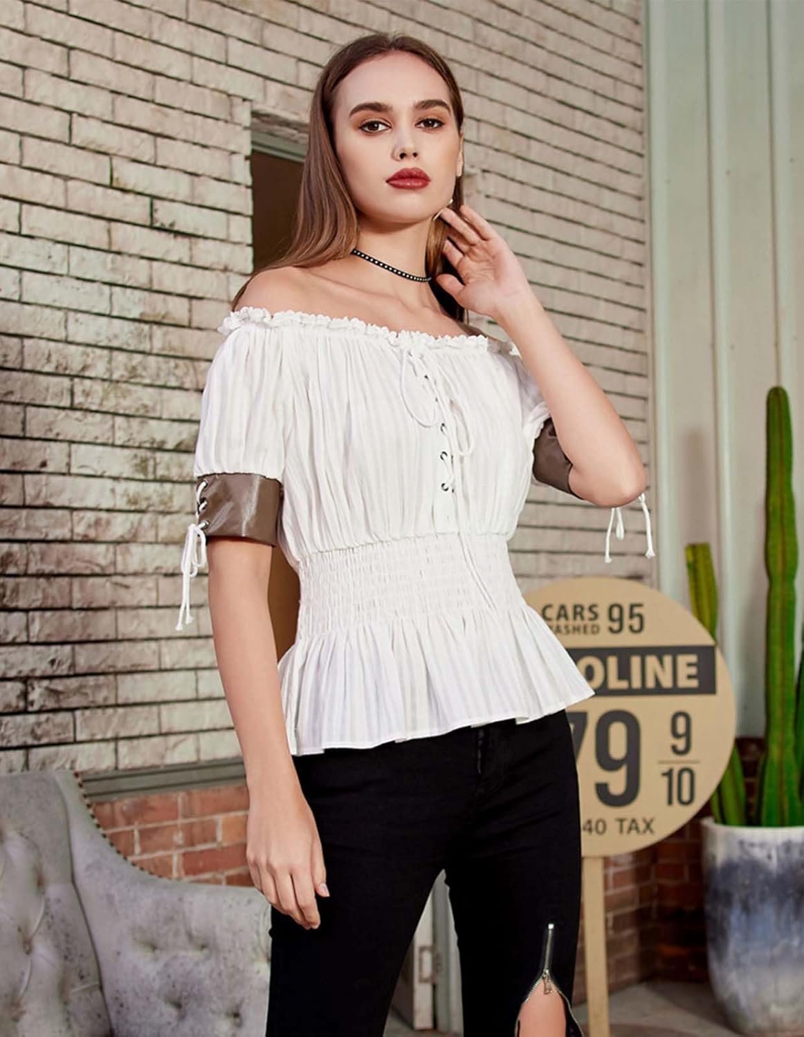 Belle Poque Women Renaissance Off Shoulder Blouse Smocked Waist Pirate Shirt Peplum Tops - Image 6