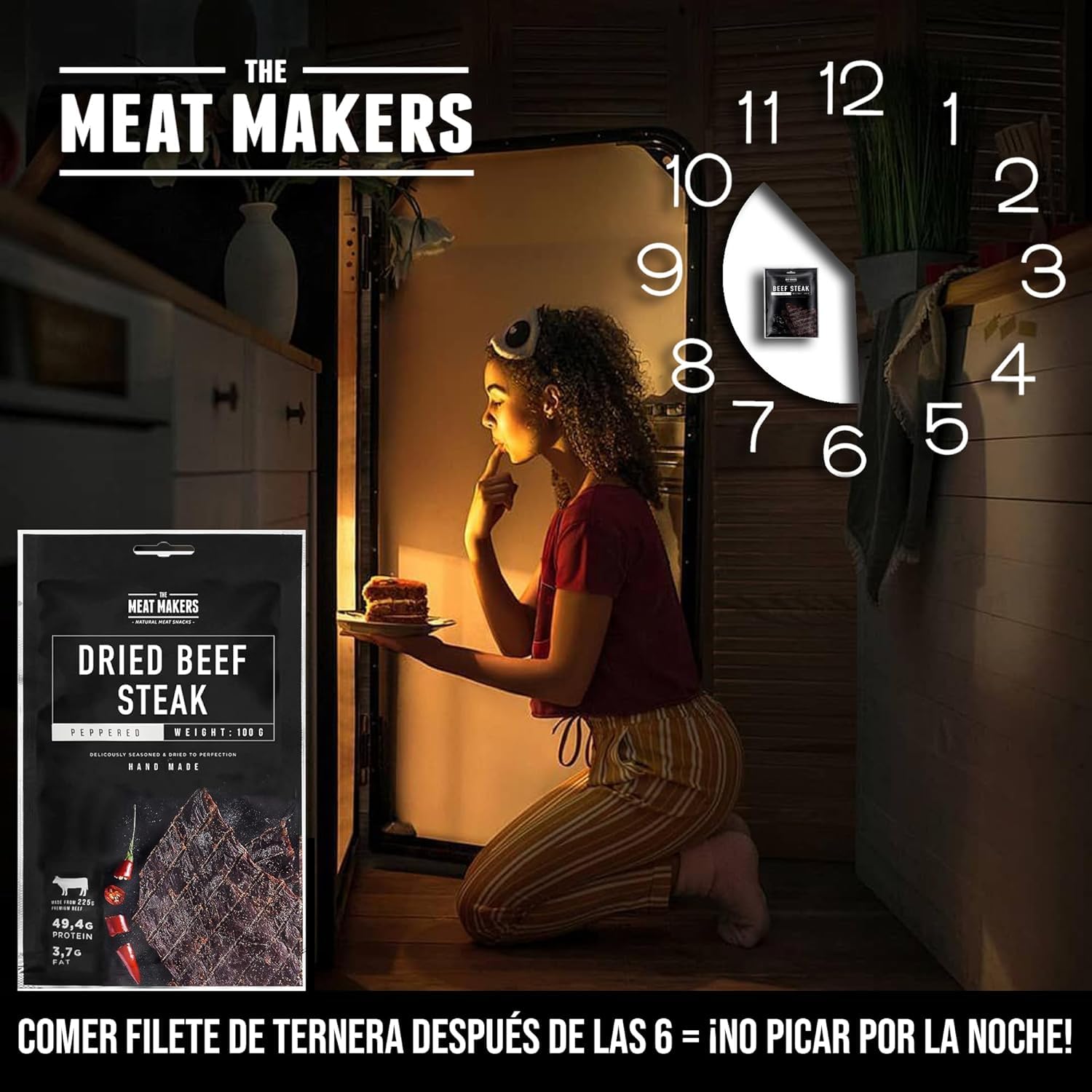 The Meat Makers Peppered Dried Beef Jerky Steak (200g) - Bistec de cecina de vaca seca, Cecina de Vaca, Carne Seca, Snack de Carne, Alto en Proteínas, Bajo en Calorías. Carne seca para personas.