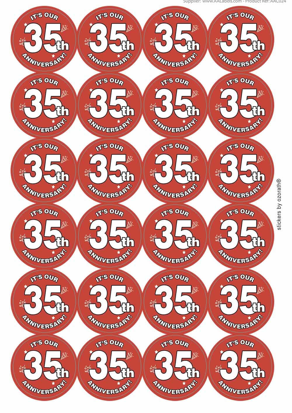 It's Our 35th Thirty Fifth Anniversary Circular Matt Paper Stickers A4 Sheet of 24 (Each Sticker is 45mm Diameter)