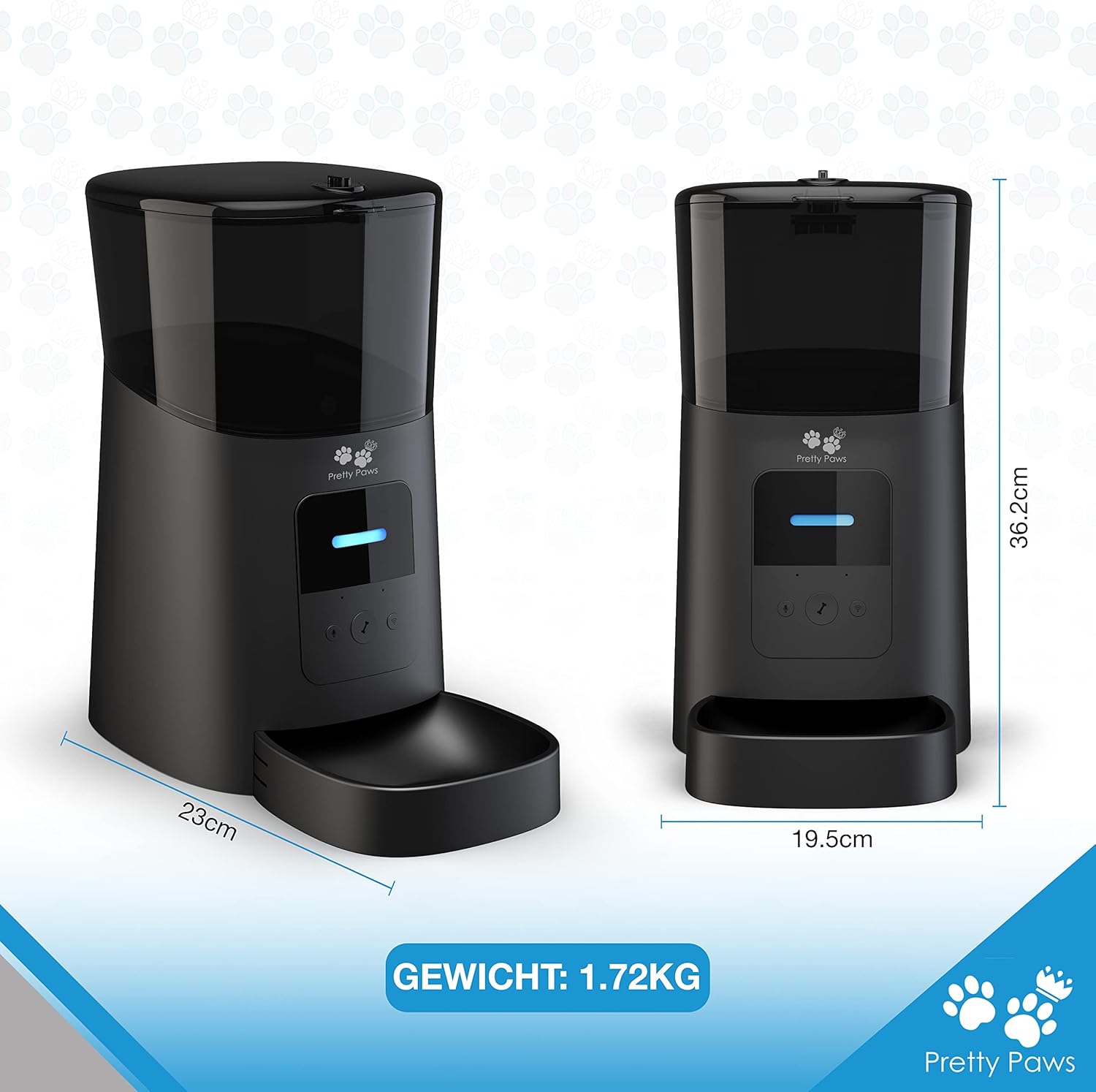 Pretty Paws PP005 pet feeder with dimensions and weight indicated