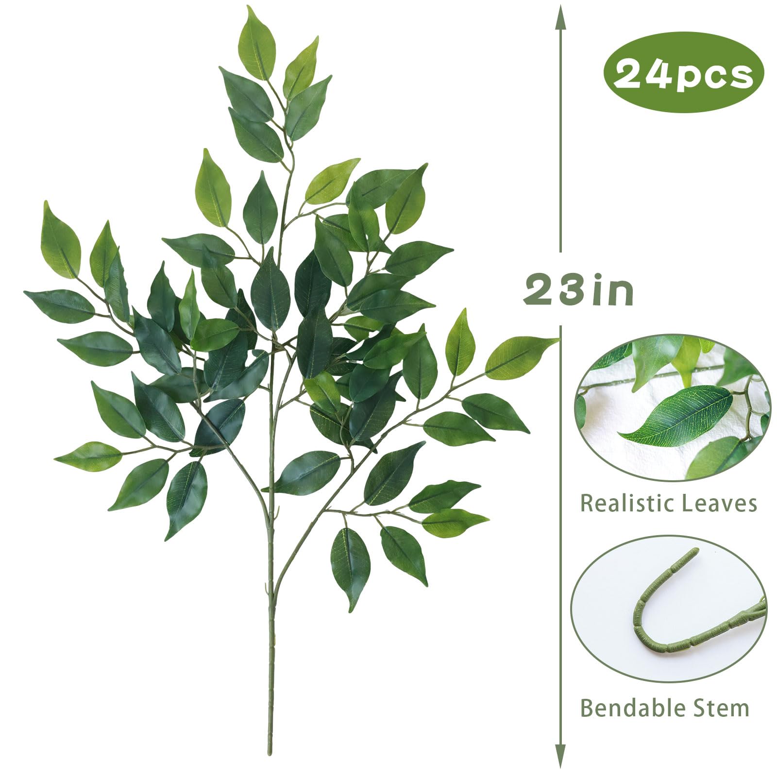 mizii 24pcs Artificial Greenery Stems Silk Green Leaves Fake 23in Ficus Garland Spray Plants Faux Greenery Decoration for Centerpieces Wedding Arch Flower Bouquet Table Home Decor (24)
