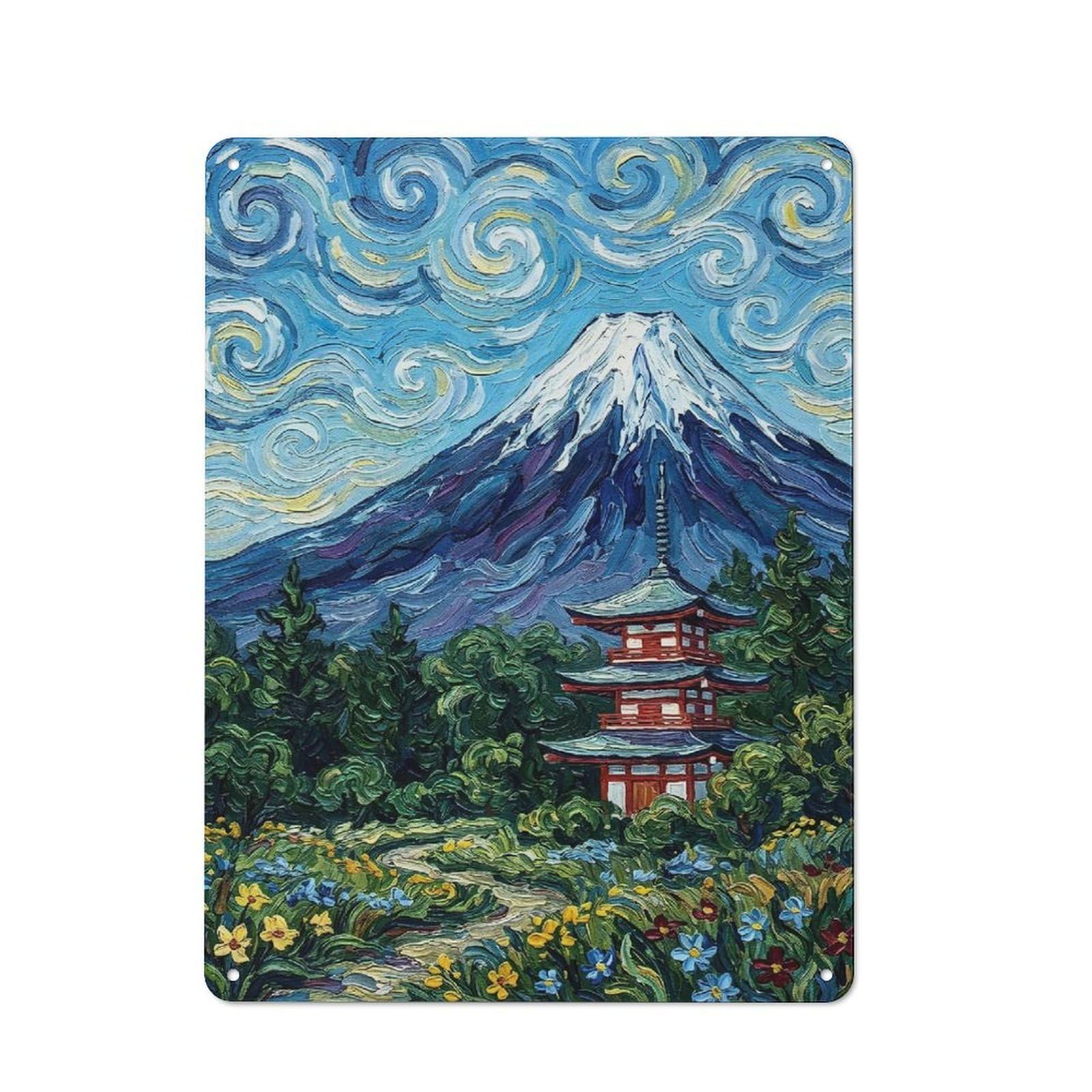 Junmoney Style Mount Fuji And Pagoda Painting Decorative Metal Wall Decor 40X30cm, Decorative Tin Plaque For Bedroom, Kitchen, Office Or Living Room