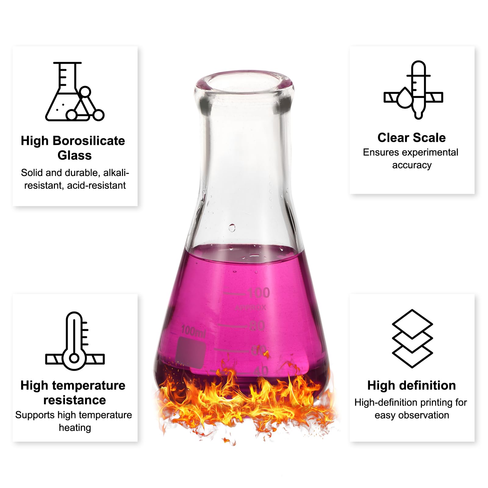 PATIKIL Erlenmeyer Flask, 8Pcs 100ml 3oz Col Étroit Flacons Gradués Verre Borosilicate Avec Graduation Imprimée Pour Laboratoire Expérience Chimie Étude Scientifique