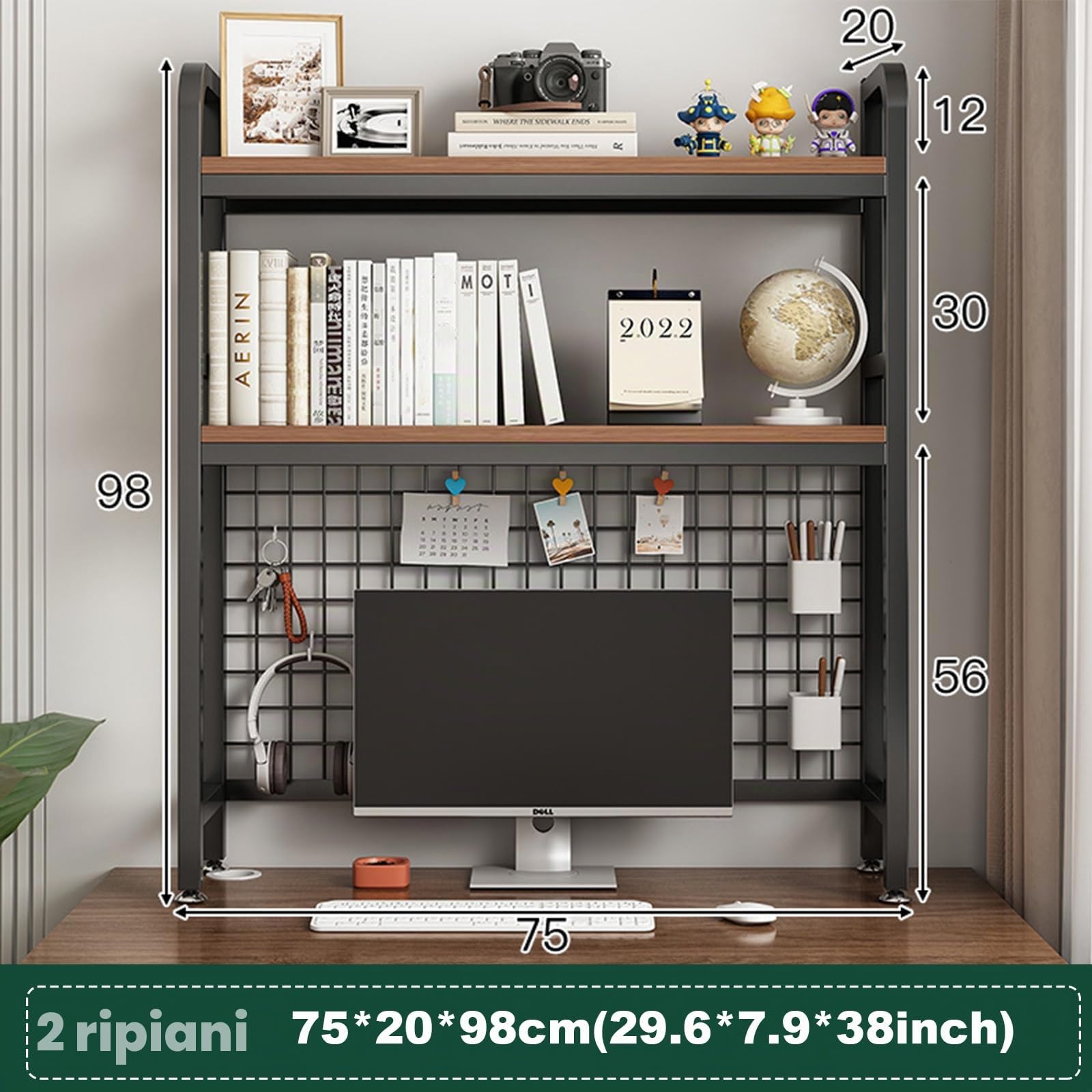 Libreria da scrivania a 2 animali, per computer, scrivania in legno, con organizer multifunzione a rete metallica (75 cm di larghezza)