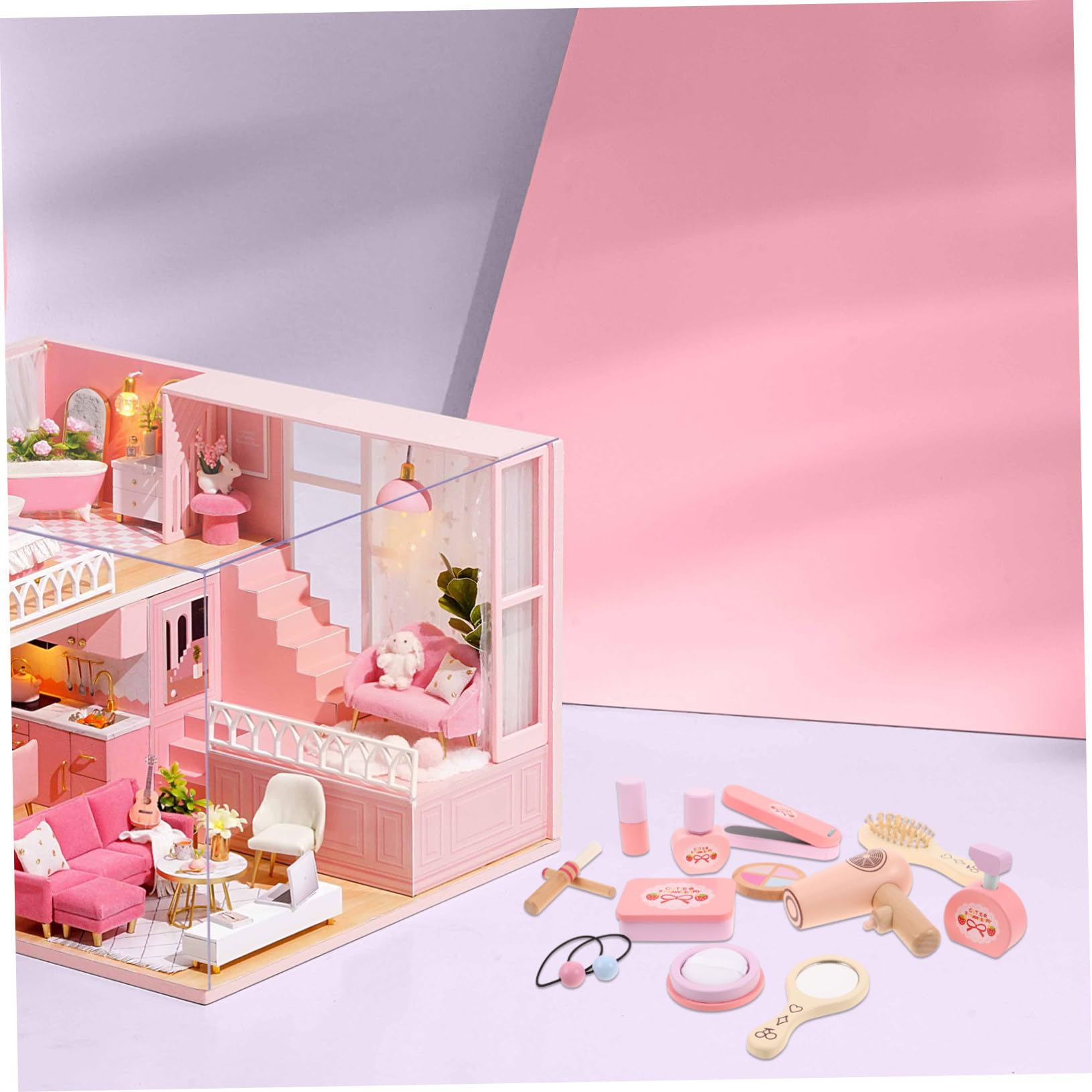 Vaguelly Set di Trucchi in Legno per Ragazzo Ragazza Design Principessa Rosa, Gioco Creativo per Trucco del Rapporto Genitore-figlio, per Gioco di Finzione