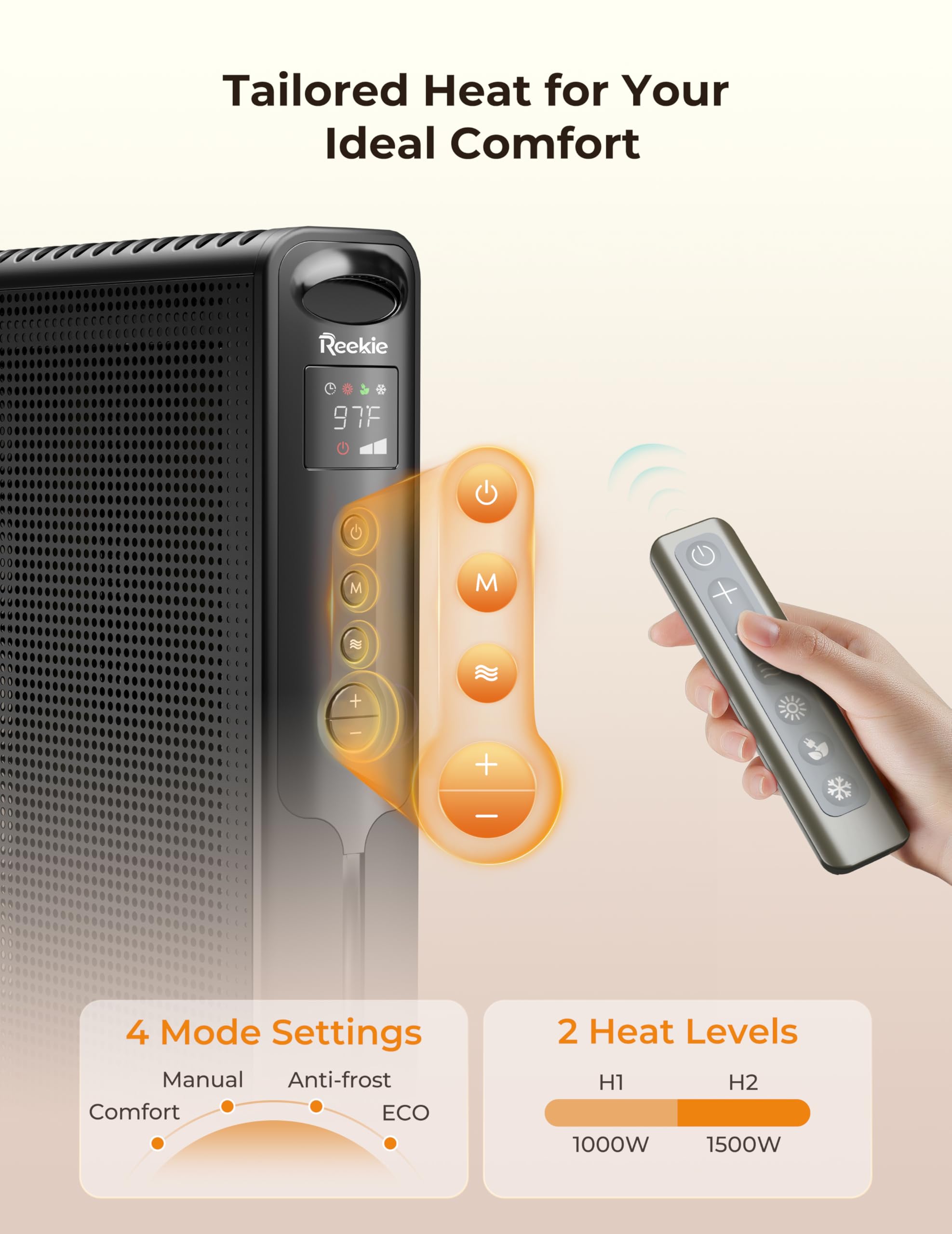 Reekie Convection Panel Space Heater, 1500W Electric Mica Infrared Heaters  for Indoor Use Large Room Heater with Smart Thermostat, Remote, 24h Timer