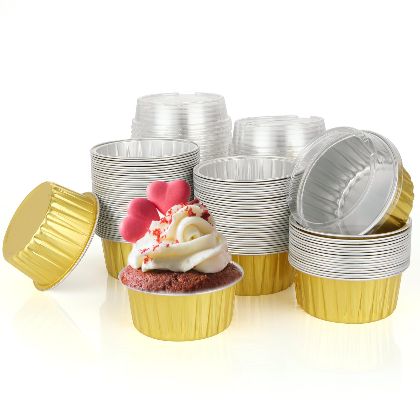 100 Tazze Da Forno In Alluminio Con Coperchi – 141,7 G, Mini Tortiere Usa E Getta Per Cupcake E Muffin, Resistenti Fino A 250°C, Colore Oro