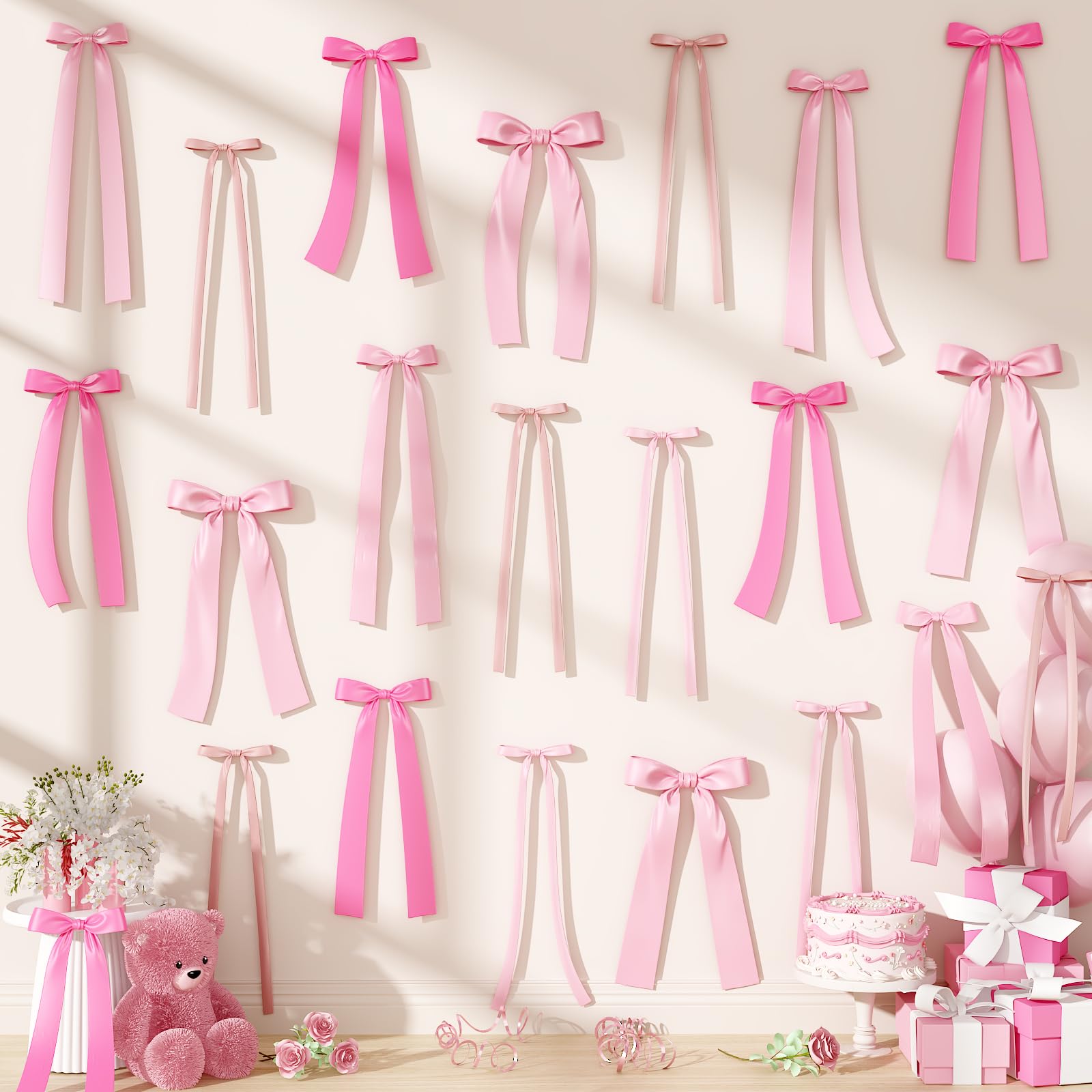Pink Bow Birthday Decorations, 40Pcs Dusty Pink Bow Wall Decor DIY Ribbon Satin Bows Garland Photo Backdrop for Women Girl Coquette Bachelorette Baby Bridal Shower Room Bedroom Wedding Party Decor — image 1