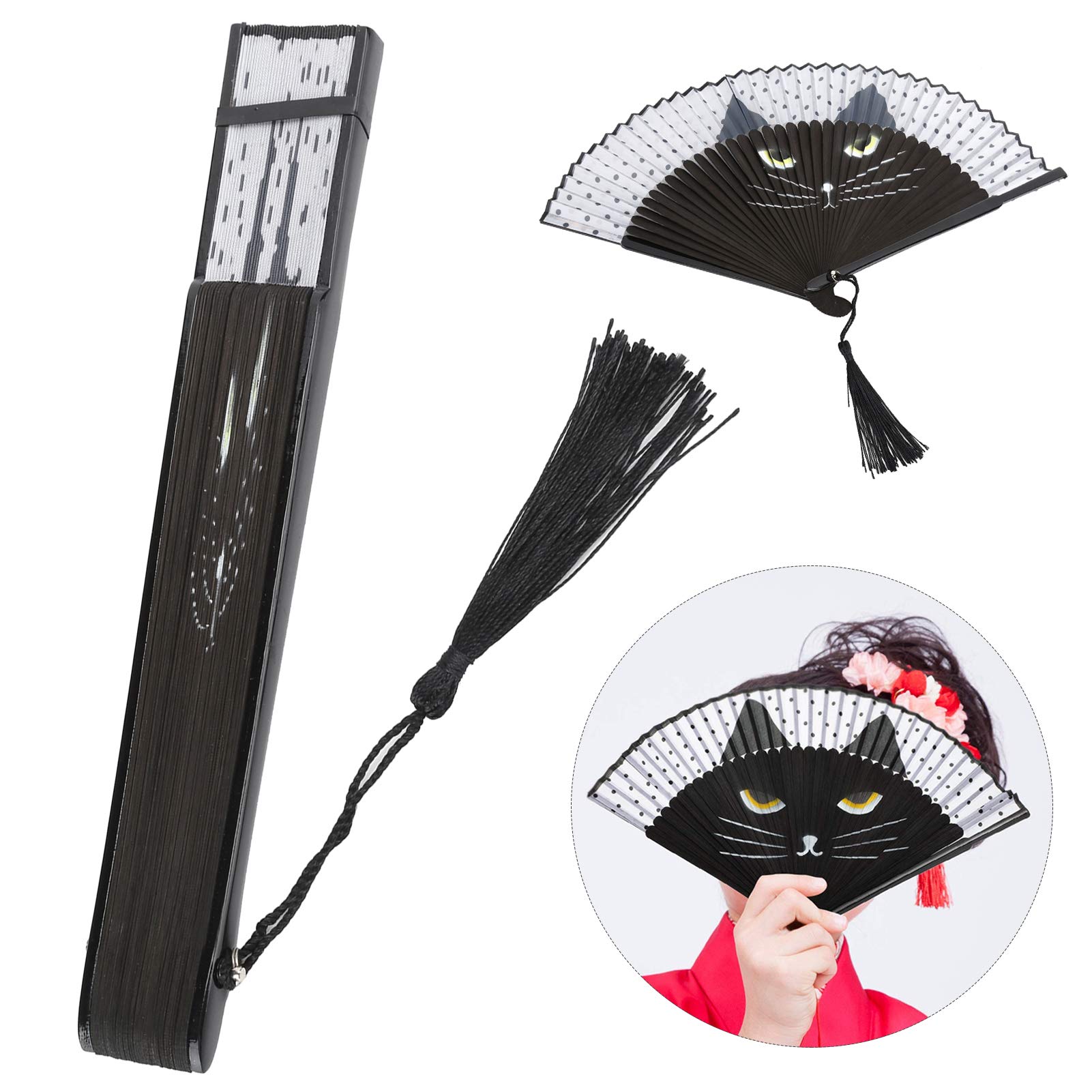 TOPINCN Klappbarer Katzenfächer Bemalter Tintenstrahl Im Japanischen Stil Cartoon Hand Hochzeit Tanzen Kirche Geschenke Klappbarer Kung-Fu-Fächer Im Japanischen Stil