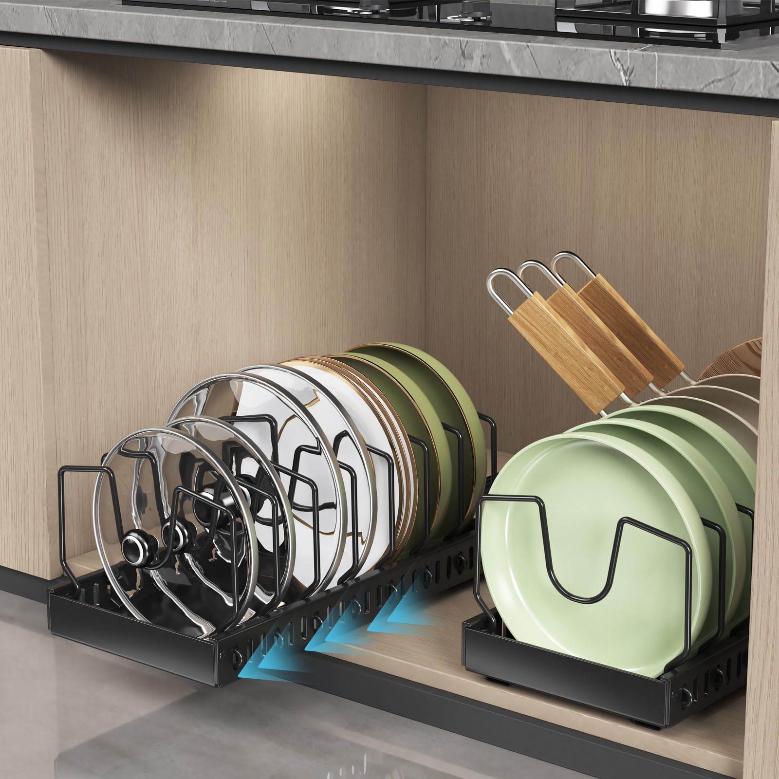 WOSHEN 2 PCS Pots and Pans Organizer Under Cabinet, Pull-out Pots and Pans Organizer, Under Cabinet Pot Lid Holder, Sliding type Pots and Pans Storage with 16 Adjustable Dividers for Kitchen
