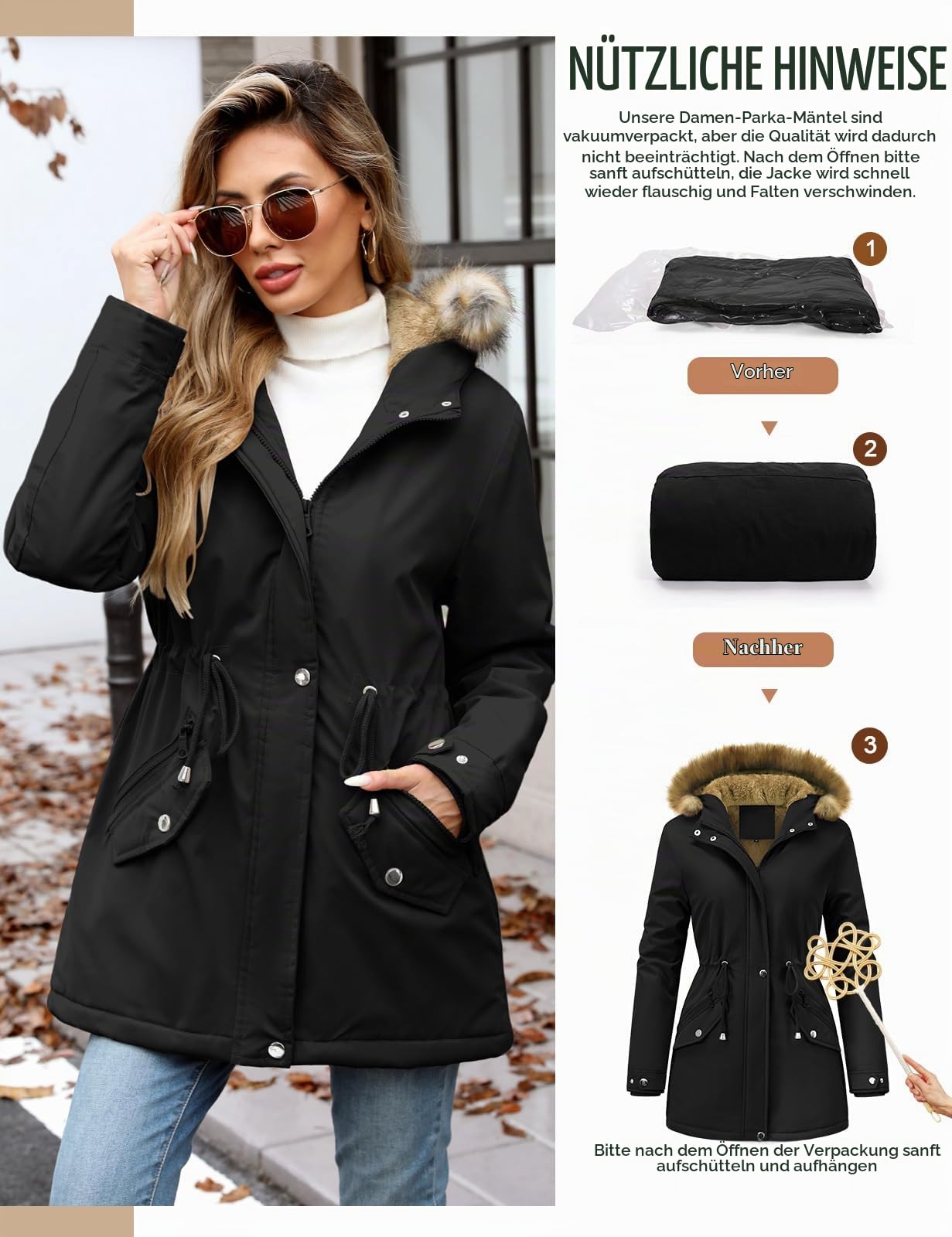 UMIPUBO Winterjacke Damen Lang Warmer Winterparka Wasserdicht Parka Wintermantel mit Kapuze Gefüttert Jacke Mit Taschen Thermo Mantel