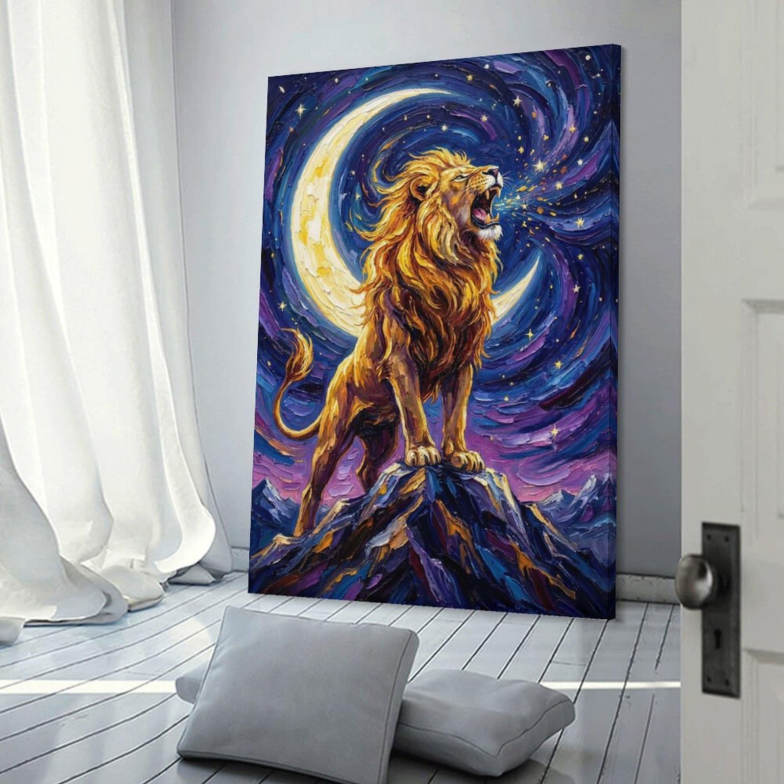 Junmoney Roaring Lion Under Crescent Moon Painting Decorative Wall Artwork 24x36inch(60x90cm), for New Homes, Bedrooms Or Workspaces, A Wall Art Gift for Fresh Interiors