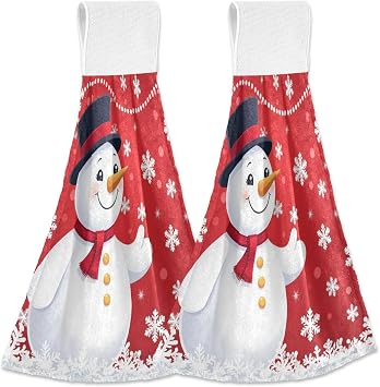 Christmas Winter Snowman Kitchen Hanging Towel Red Snowflakes Hand Fingertip Bath Tie Towels Set of 2 Pcs Tea Bar Dish Cloths 14 x 18 in Dry Towel Soft Absorbent Thin Durable for Laundry Room Decor