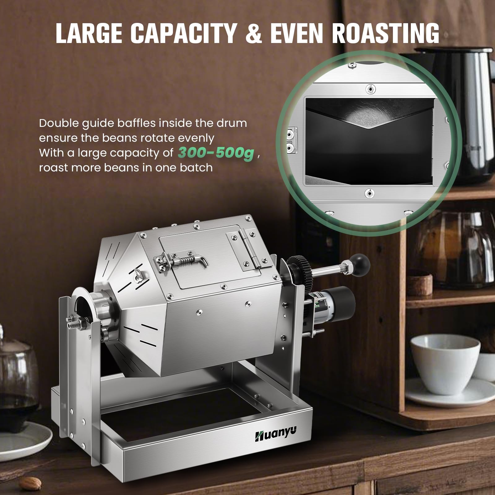 Huanyu Kaffeeröster mit Kaffeebohnenkühler 500g Kapazität Kaffeeröster Maschine Edelstahl Elektrischer Kaffeebohnenröster Multifunktionaler Röster für Erdnüsse und Körner