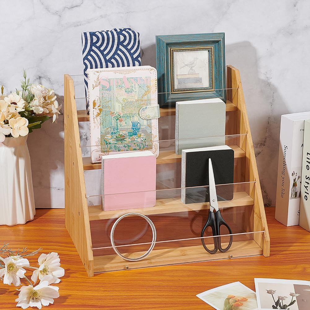 UNICRAFTALE 4-Tier Greeting Card Display Stands Bamboo Acrylic Display Case Postcard Rack Portable Sticker Display Stand Counter Retail Display Rack for Bookmark Counter Tabletop