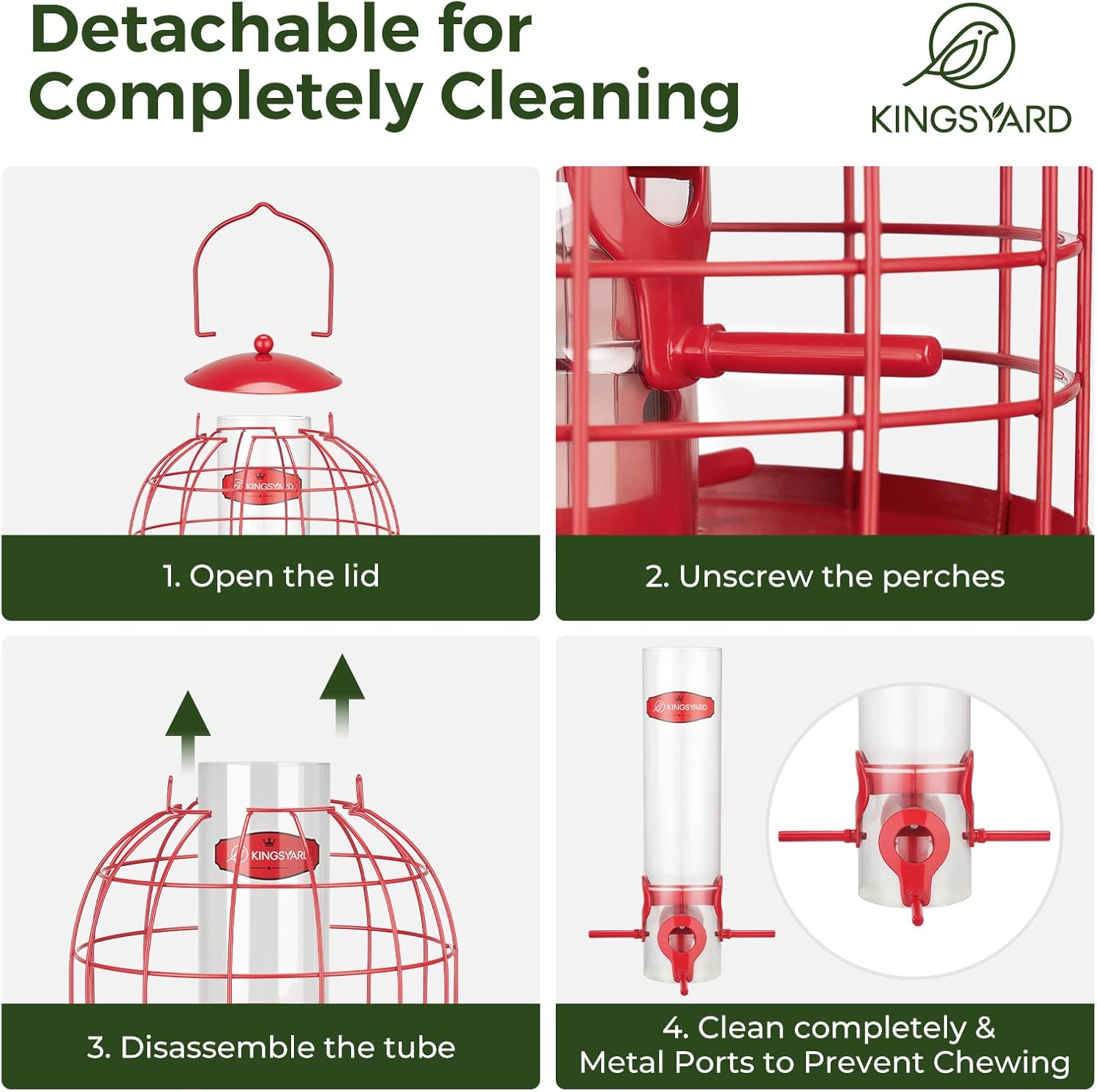 Kingsyard Metal Bird Feeder for Outdoors, Squirrel Proof Caged Tube Feeders Hanging Green, Wild Small Birds Rainproof Station for Garden Yard Seed Easy Clean,Red
