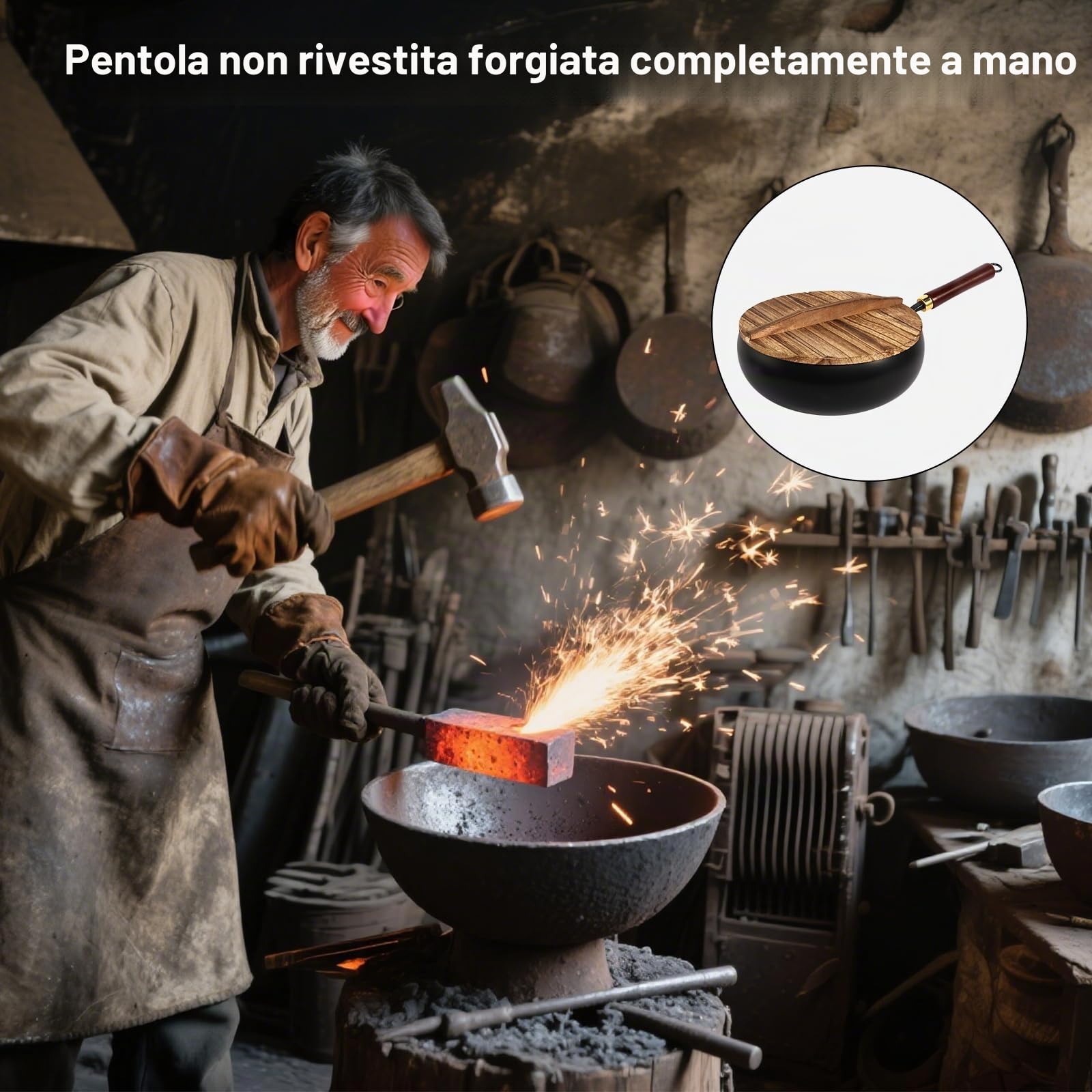 Casseruola in ferro battuto a mano, padella giapponese in ferro battuto con coperchio in legno 28 cm padella in ferro non rivestita antiaderente multiuso per cucina, ristorante o casa