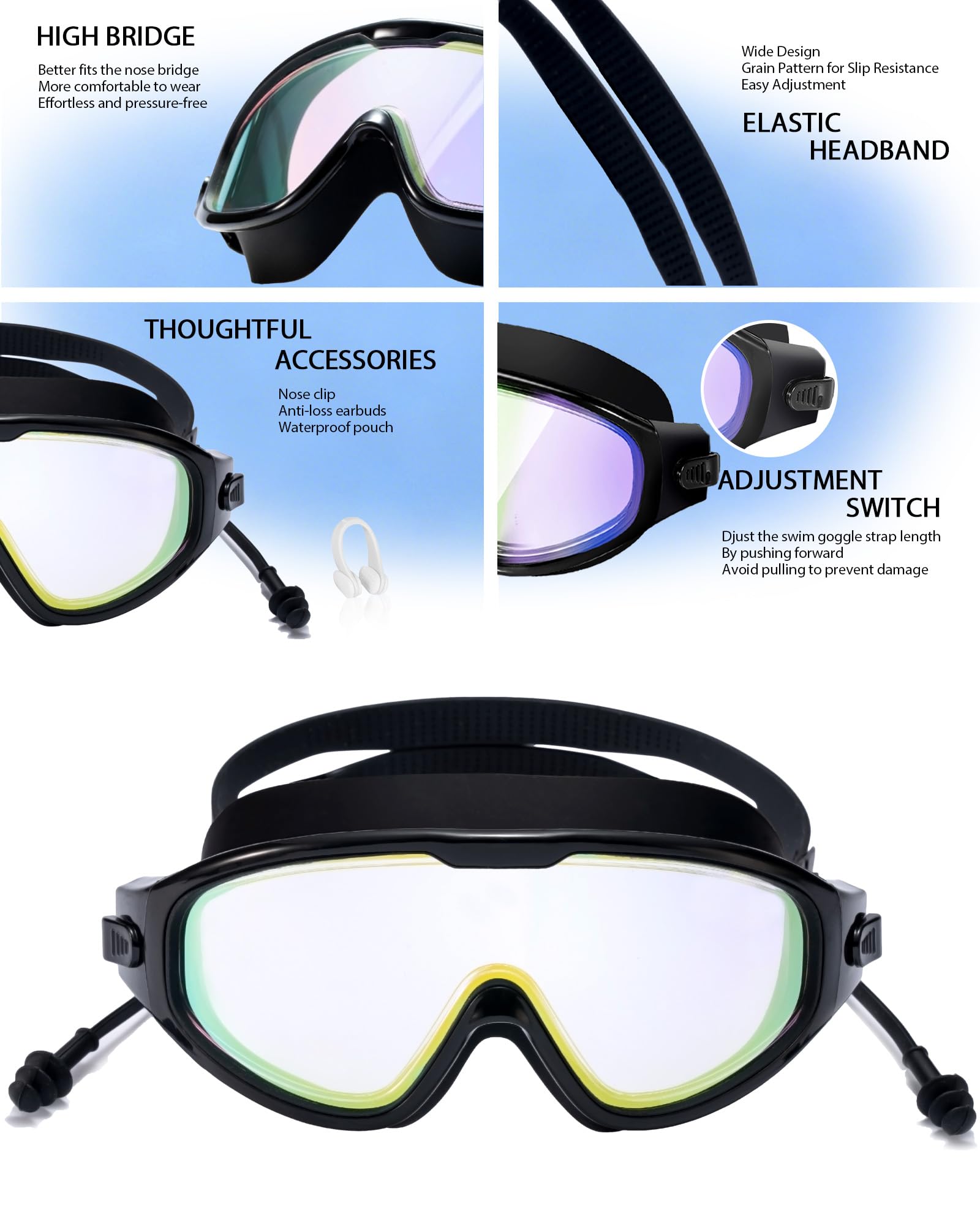 Schwimmbrille für Erwachsene, auslaufsicher, Anti-Beschlag-Schwimmbrille, Weitsicht, Schwimmbrille mit Ohrstöpseln und Nasenklammer