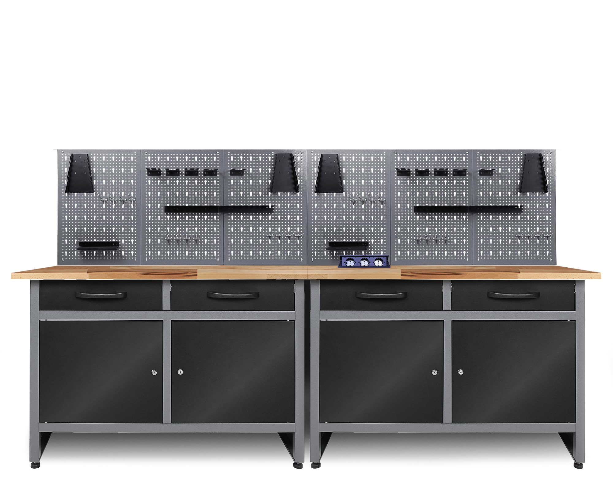 Ondis24 Werkstatt Set 240cm 2x Werkbank Metall 6x Lochwand Montagewerkbank Produktbeschreibung