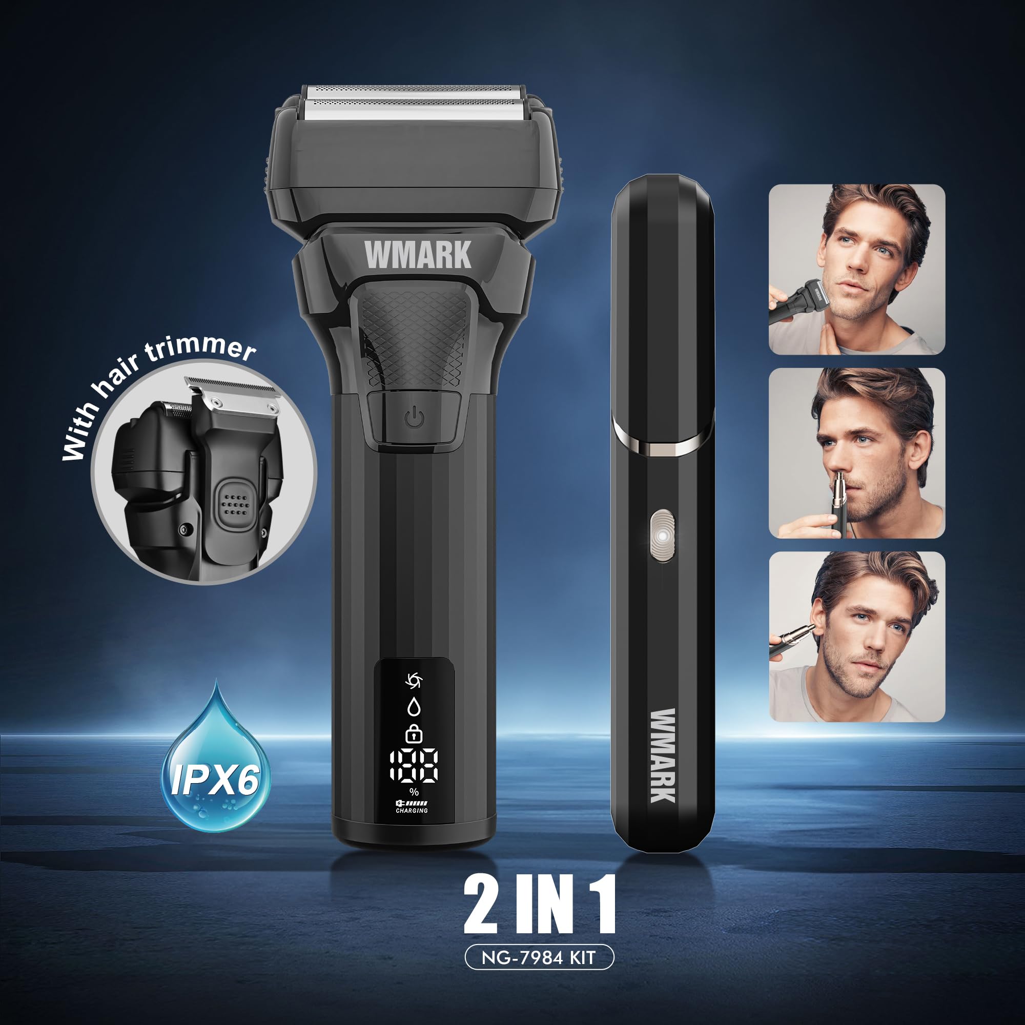 WMARK Kit de afeitado recargable de 2 piezas, afeitadora 2 en 1 para hombre (2 cabezales flotantes alternativos) y recortadora de nariz/orejas (10000 RPM), cubierta de rejilla desmontable fácil de