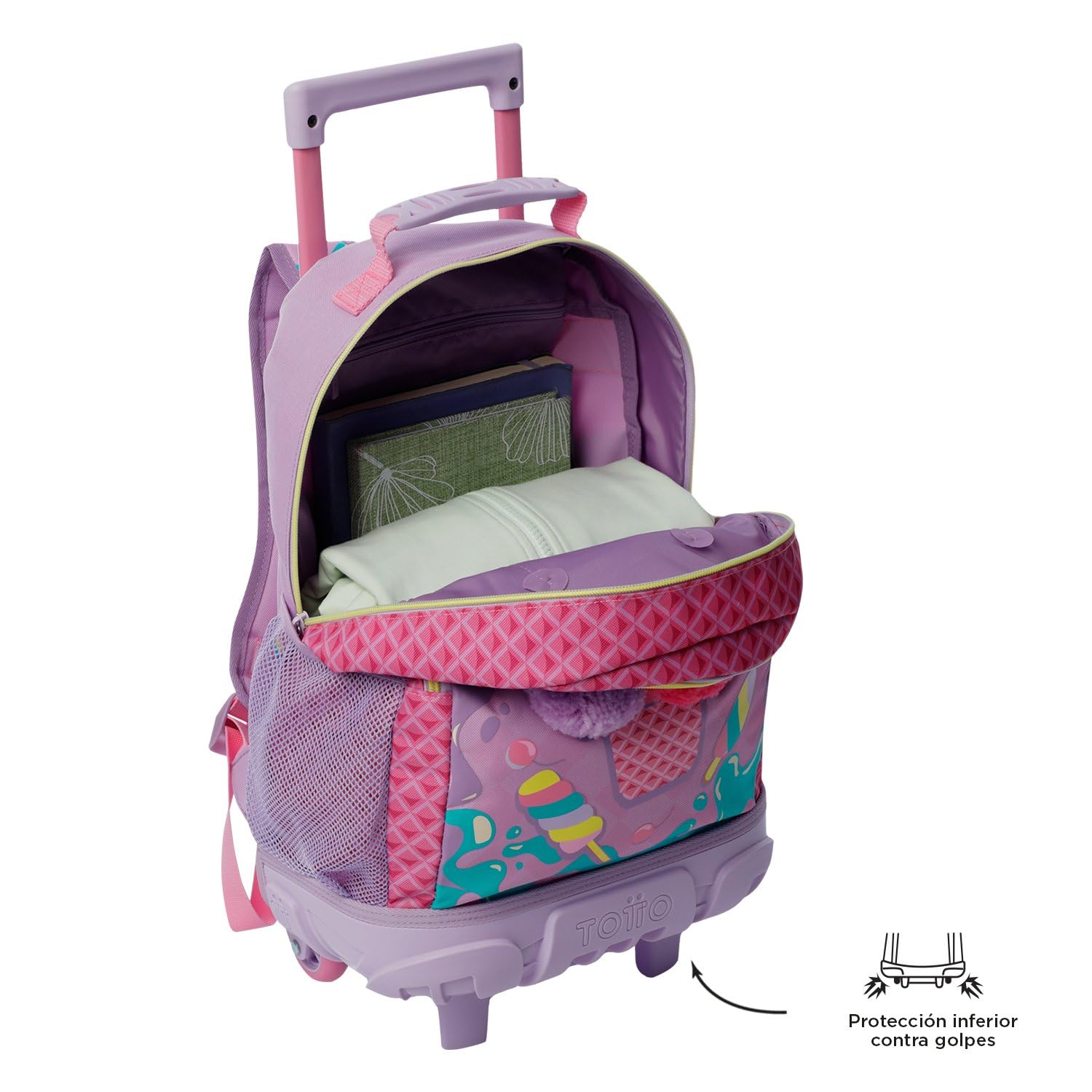 TOTTO - Mochila Escolar con Ruedas, Modelo Ice Pop, 2 Compartimentos, 2 Bolsillos Botella, Protección en la Base, Cómodas Correas Ajustables, Color Rosa