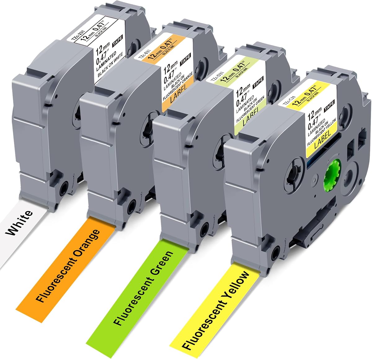 Compatible con cinta de etiquetas Brother P Touch TZe, etiquetas de colores fluorescentes | TZe-231 TZe-B31 TZe-C31 TZe-D31, compatible con P Touch PT-D200 PT-D210 PTH100 PT-D400, 0,47" x 26,2'(12 mm x 8 m), 4 paquetes
