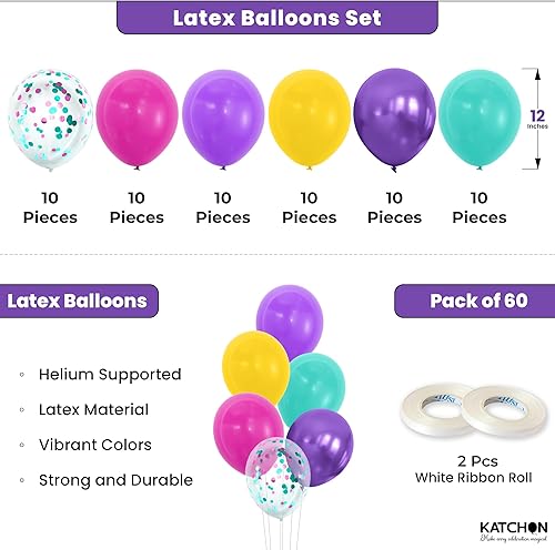 Miniatura 2 de KatchOn, Globos de látex multicolor y confeti  60 unidades  Globos de fiesta de confeti  Globo rosa intenso metálico morado amarillo verde azulado