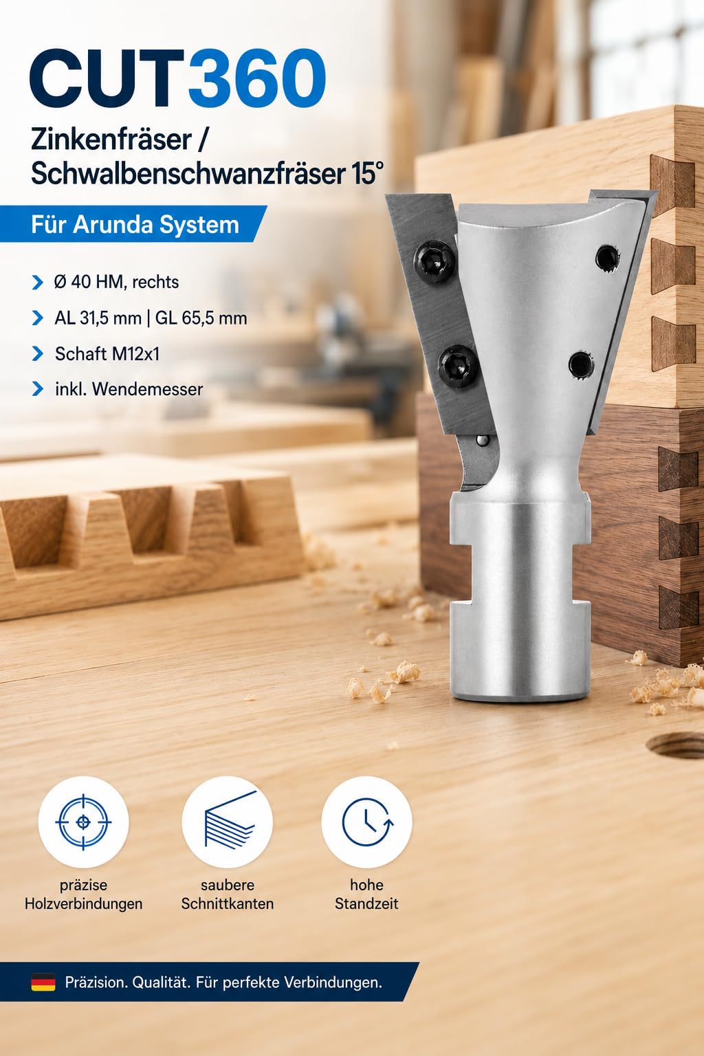 CUT360 - Zinkenfräser/Schwalbenschwanzfräser 15° für Arunda® System | Ø 40 HM, rechts | AL 31,5 mm, GL 65,5 mm | Schaft M12x1 | inkl. Wendemesser | Wendeplatte 901.315.09.00