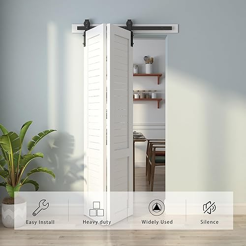 Miniatura 2 de JUBEST Kit de riel de herrajes para puerta corrediza de granero de 40 pulgadas, rodillo negro resistente montado en el lado para 2 puertas, suave y