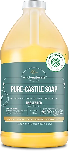 Pure Castile Soap Liquid, EWG Verified & Certified Palm Oil Free Unscented, Natural, Mild & Gentle Non-gmo & Vegan - Organic Body Wash, Laundry, Pet/Dog and Baby Soap - 64 Fl Oz