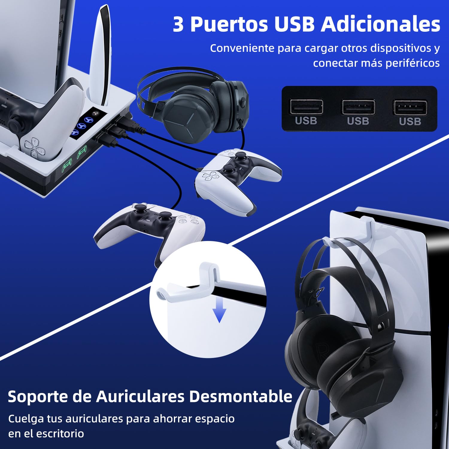 Wigearss PS5/PS5 Slim/PS5 Pro Soporte Vertical Ventiladores de Refrigeración y Estación de Carga de Dual Dontrolador, Soporte Multifuncional con Iluminación LED para Consola PS5/PS5 Slim/PS5 Pro