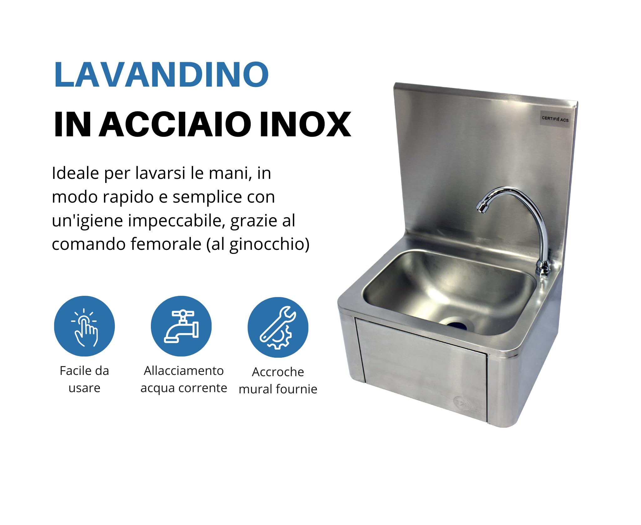 L2G - Lavamani da parete a ginocchio - Lavello piccolo in acciaio inox con miscelatore per acqua calda e fredda - Da parete - 40 x 34 x 56 cm