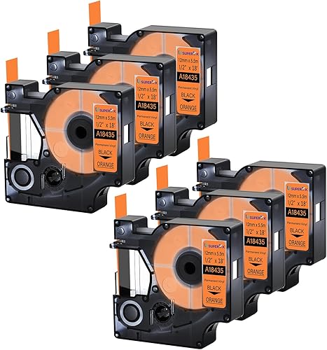 Miniatura 1 de USUPERINK Paquete de 6 etiquetas industriales compatibles con Dymo 18435 negro sobre naranja de 0.472in, 12 pulgadas x 18.0ft, 18 pies, compatible