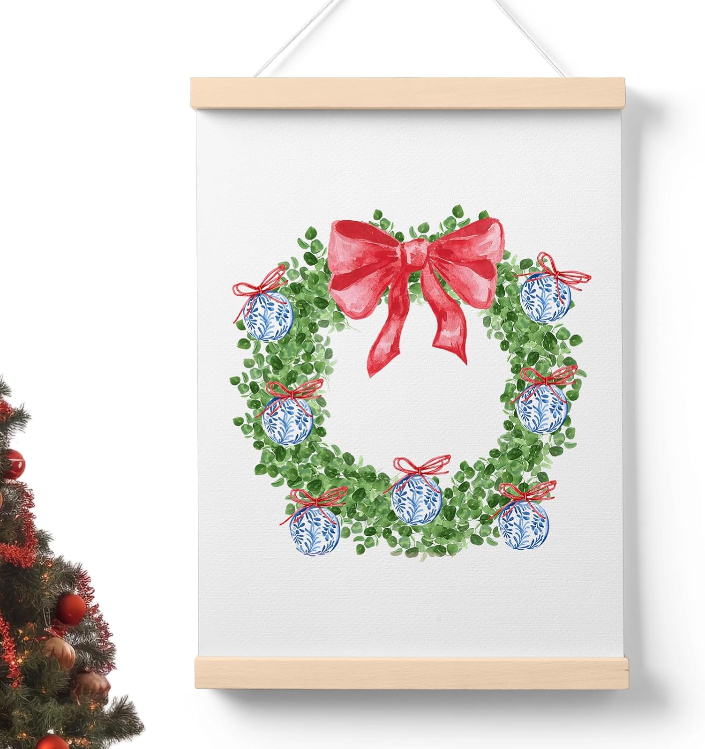 PaJiaNi Chinoiserie Christmas Wreath Wall Art,Blue and White Chinoiserie Ball Ginger Jar Wall Decor,Coquette Bows Winter Christmas Holiday Decoration Posters for Bedroom Living Room Office 12x16 Inch
