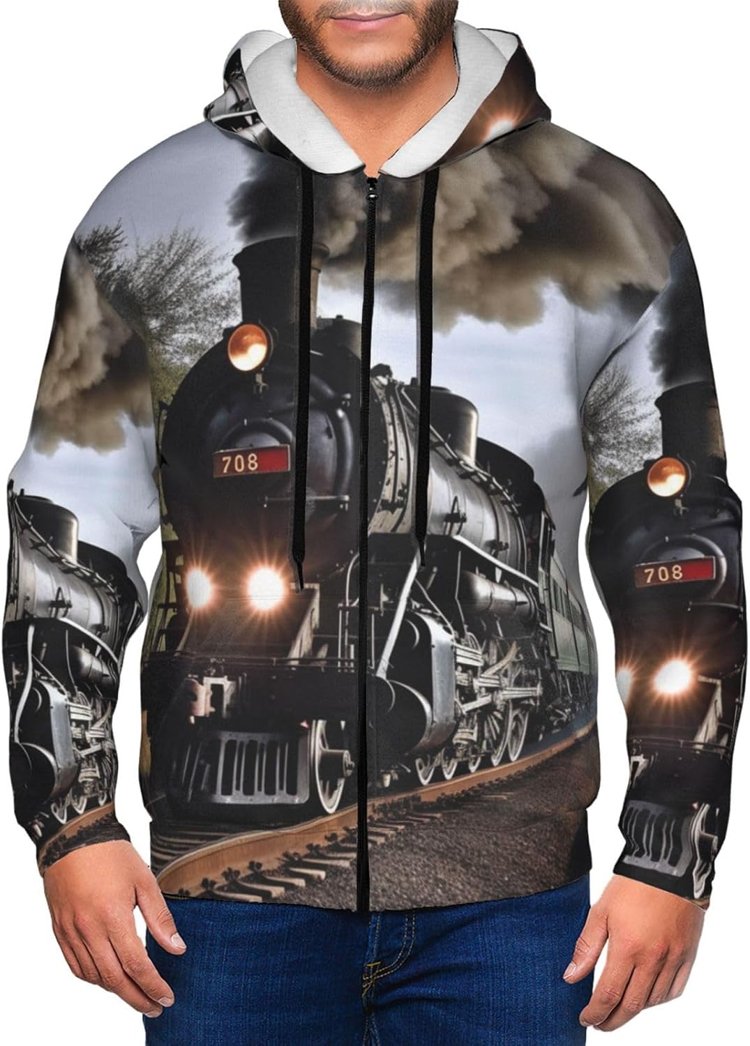 Steam Train Mens Hoodie Full Zip Hooded Sweatshirt Winter Jackets Long Sleeve Outerwear With Multi Pockets