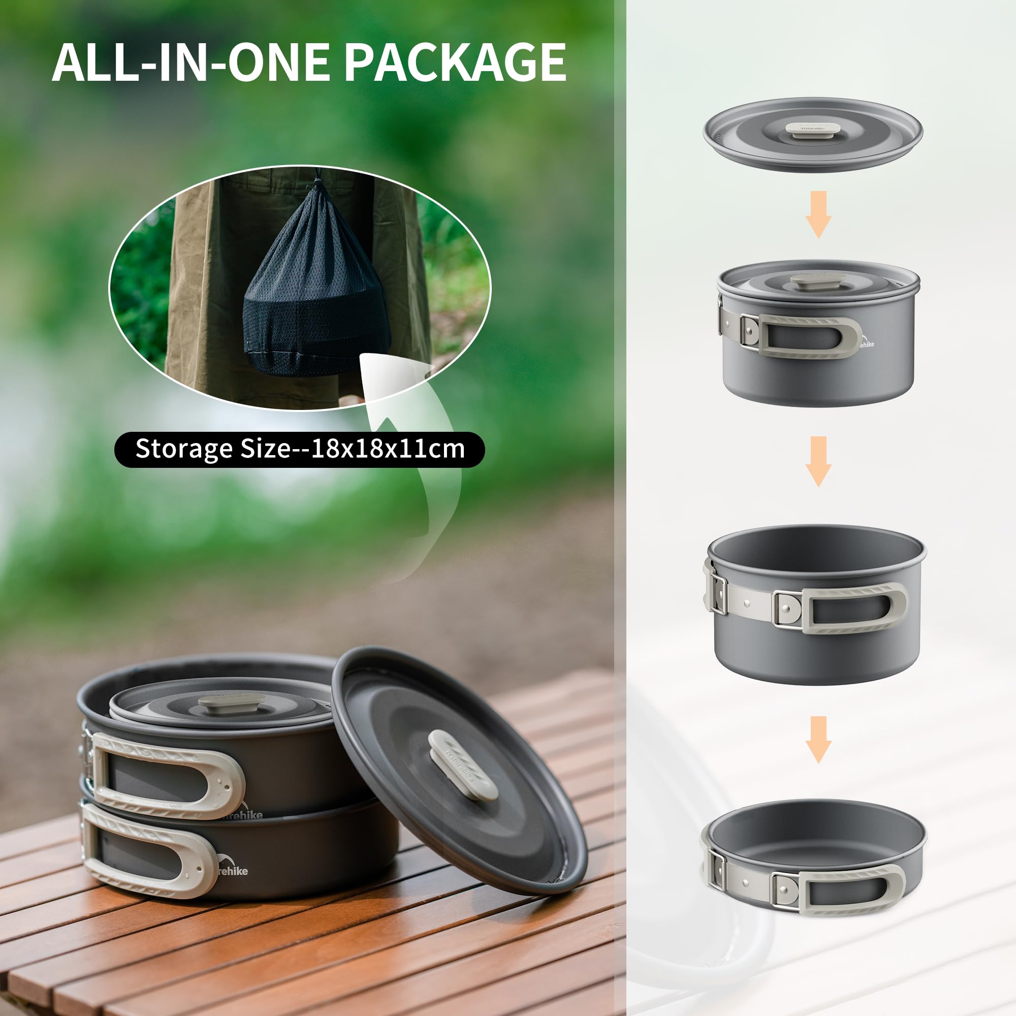 Naturehike 2-4 & 4-7 oosoby zestaw naczyń kempingowych, przenośne naczynia kempingowe z aluminium, patelnie, garnki, na wycieczki z plecakiem, wędrówki